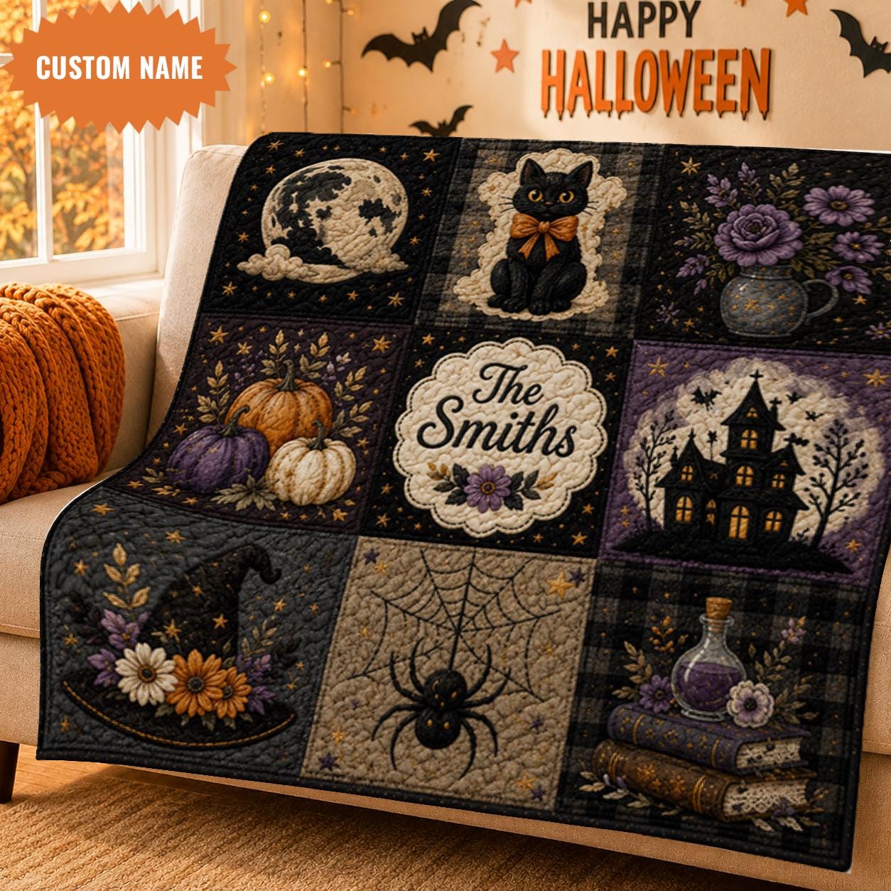 Personalized Halloween Quilt Blanket, Custom Family Name Throw, Black Cat Ghost Pumpkin Cozy Fall Quilt