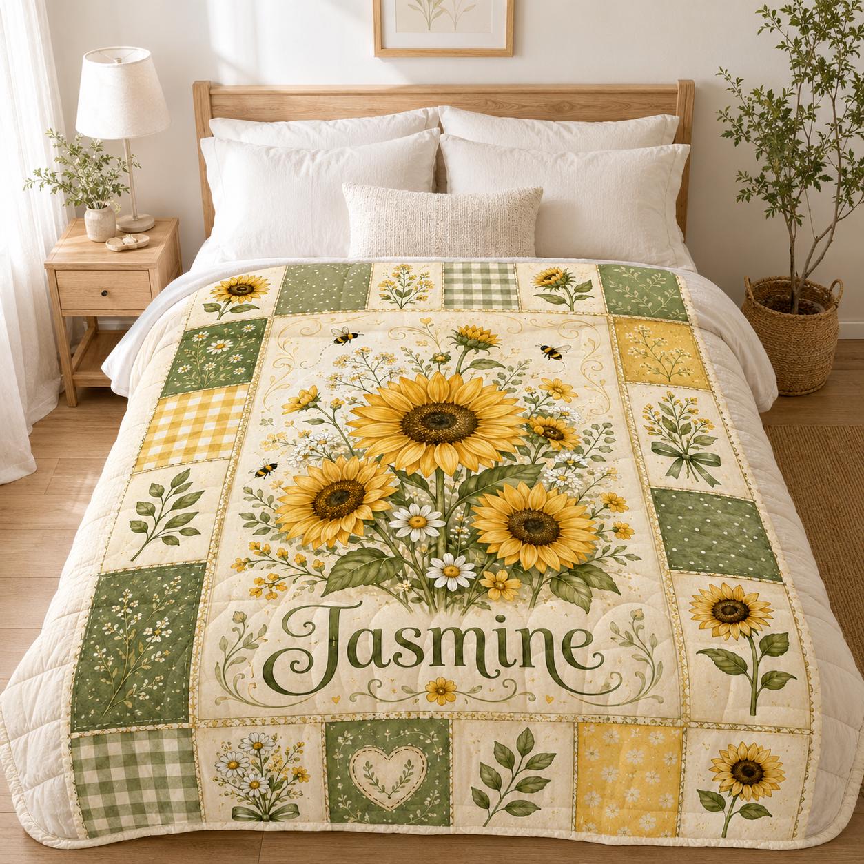 Personalized Sunflower Quilt Blanket, Custom Name Floral Throw, Cottagecore Bee Garden Quilt