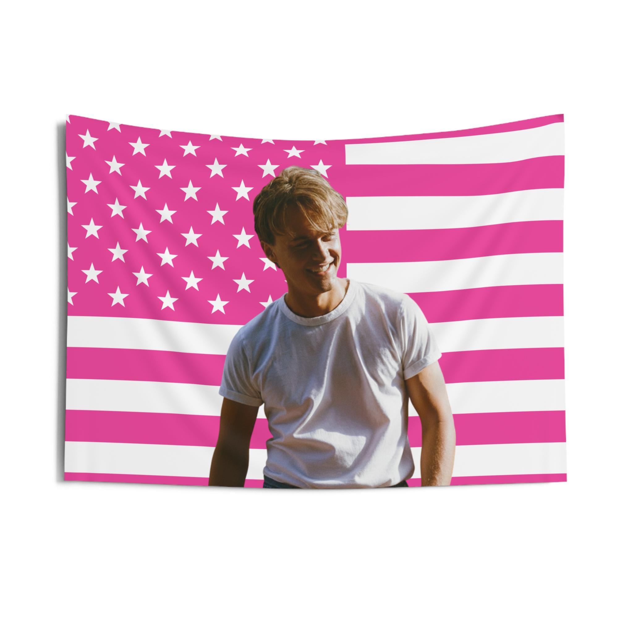 Christopher Briney Smiling White Shirt Tapestries, Christopher Briney Pink Flag, Christopher Briney - Conrad Indoor Wall Tapestries