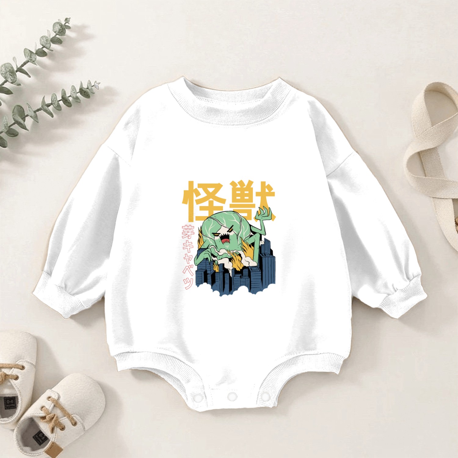 Giant Brussel Sprout Monster Rampaging Japanese Ci Baby Romper Sweatshirts