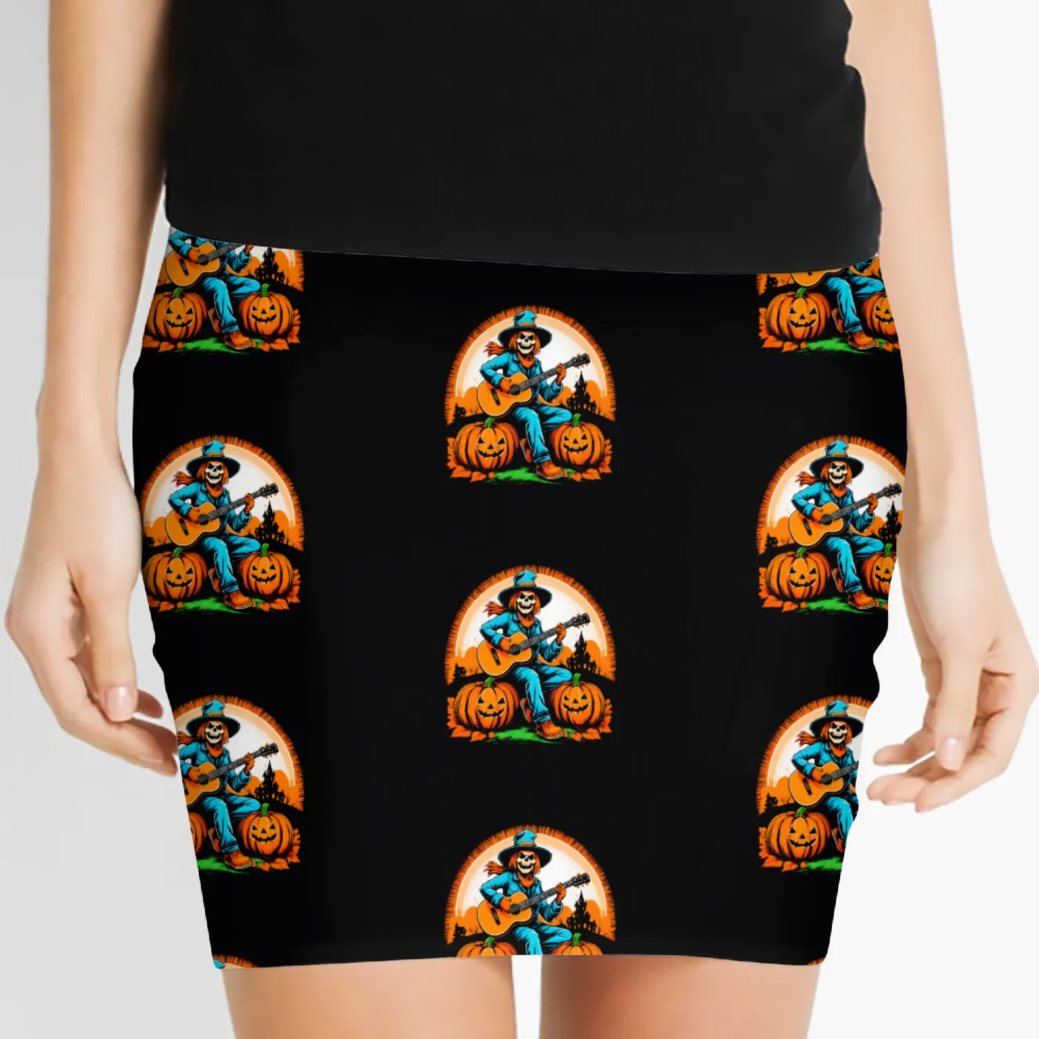 Happy Halloween scarecrow plays guitar Women's Mini Skirts