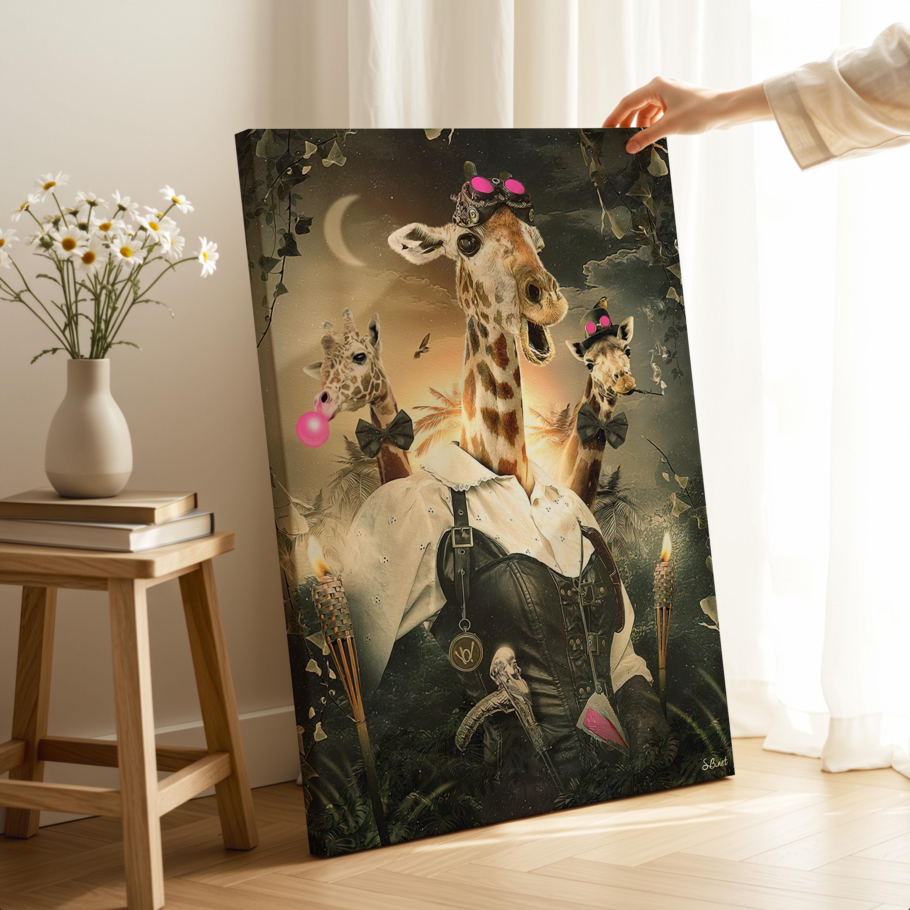 Funny Giraffes Canvas Print, Surrealist Animal Wall Art, Colorful Giraffe Decor