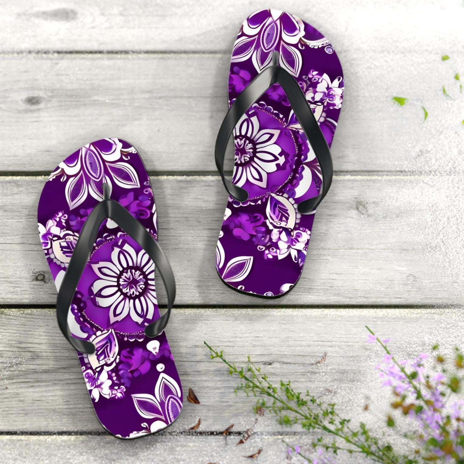 Womens purple paisley flip flops. Summer shoes. Beach flip flops. Camping gear. International shipping