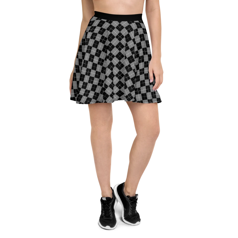 Black and Gray Argyle Skater Skirt, Gift for Her