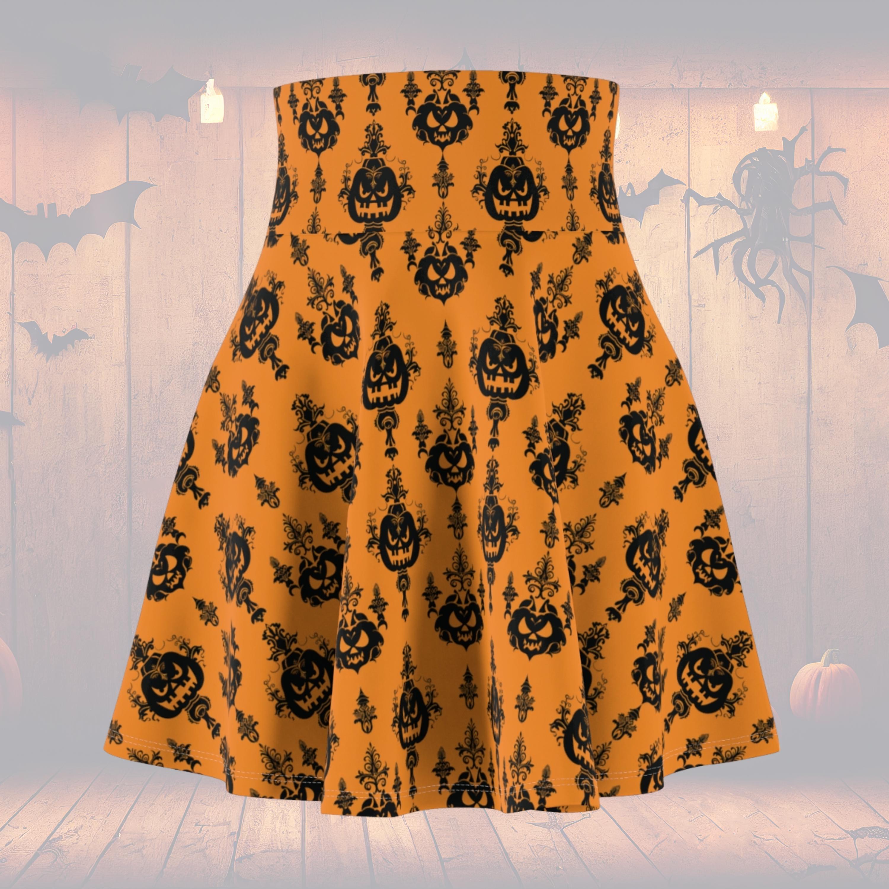 Women's Orange and Black Jack-O-Lantern Damask Circle Skirt, Elegant Halloween High Waist Skater Skirt, Spooky All Size Stretchy Skirt