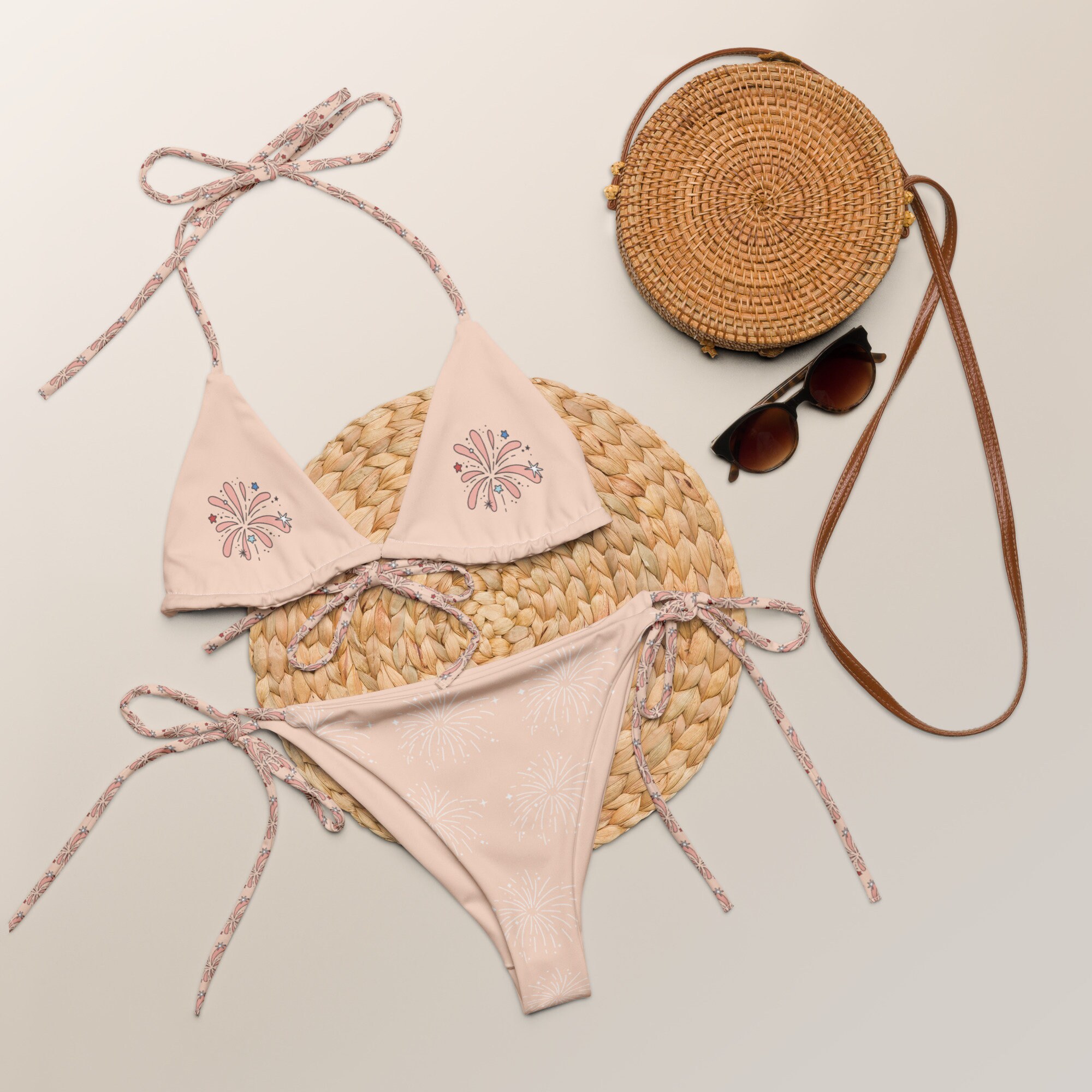 USA Soft Pink Retro Fireworks Fourth of July Recycled String Bikini / Festival Wear