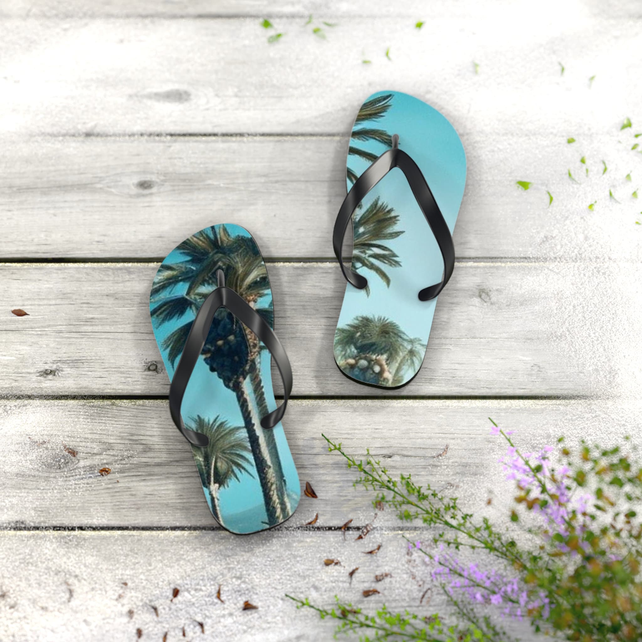 Tropical Palm Tree Flip Flops | Beach Sandals | Vacation Footwear | Summer Shoes | Palm Leaf Print