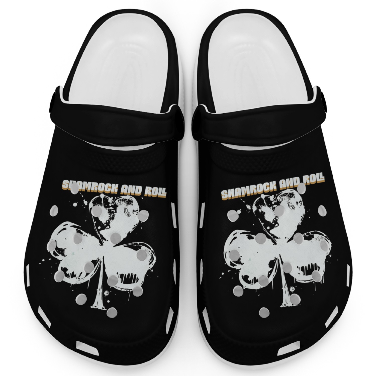 Shamrock and Roll Large Clover Design and Text Clogs