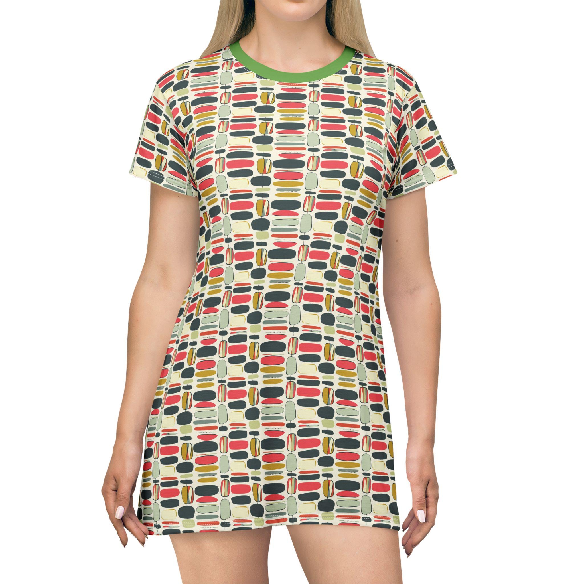 Retro Patterned T-Shirt Dress, Bohemian Casual Women's Dress