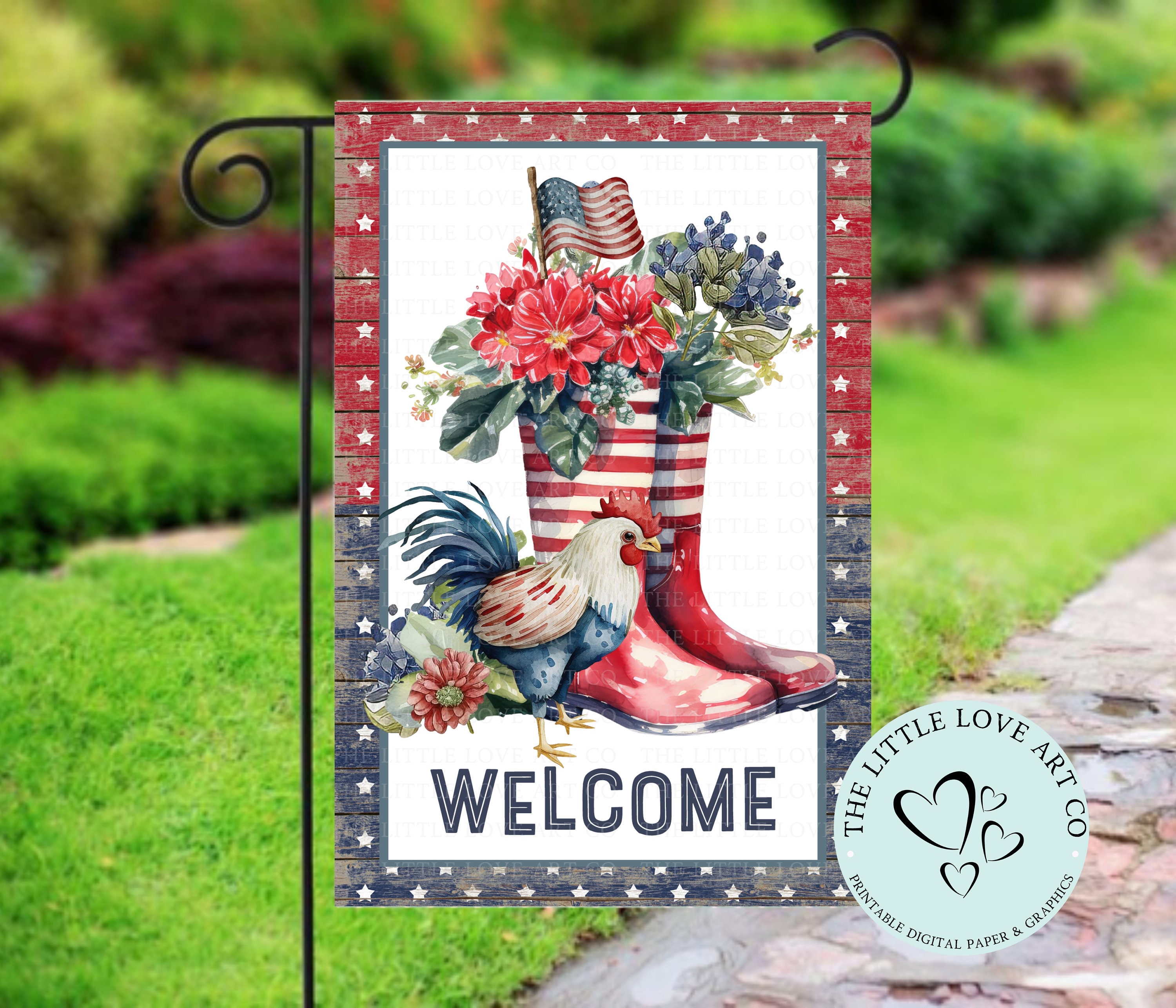 Patriotic Welcome Garden Flag , Patriotic Floral Wellies