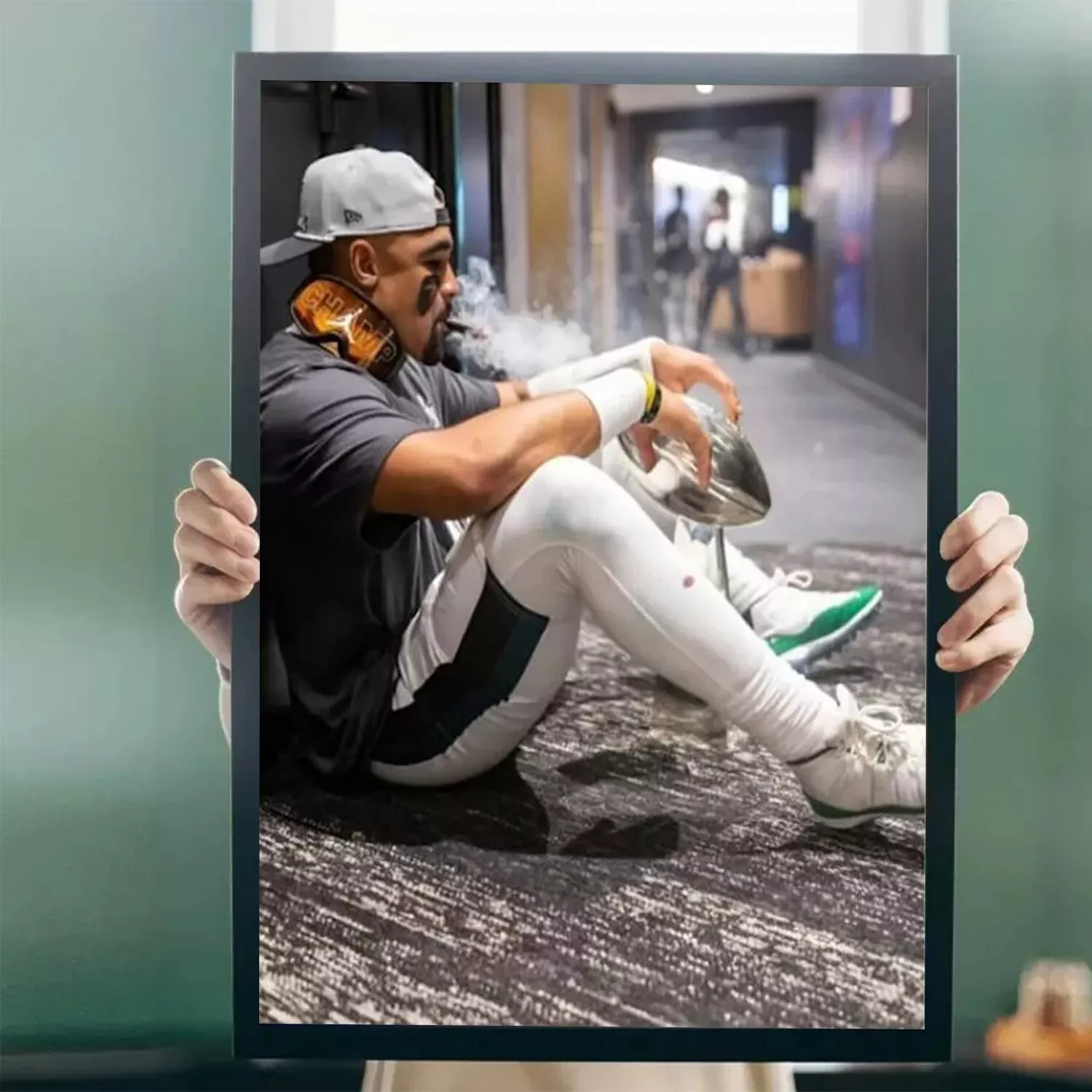 Jalen Hurts with the Lombardi Trophy and Cigar Gloss Poster, signature print