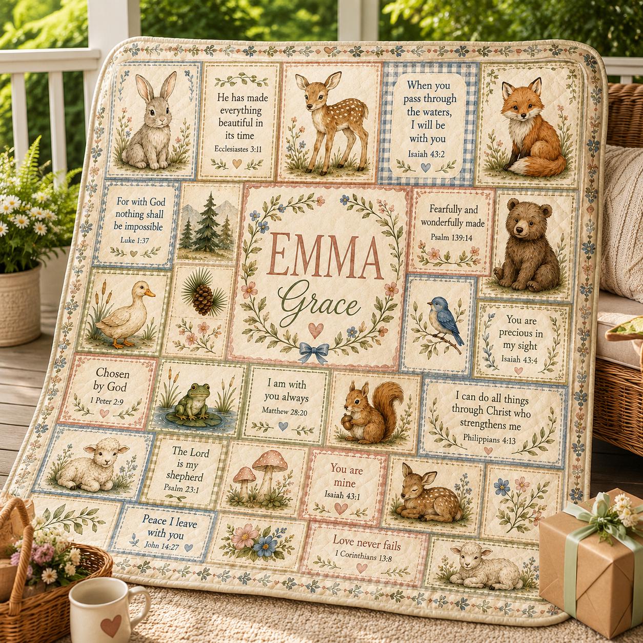 Personalized Christian Baby Quilt Blanket, Custom Name Woodland Bible Verse Nursery Quilt