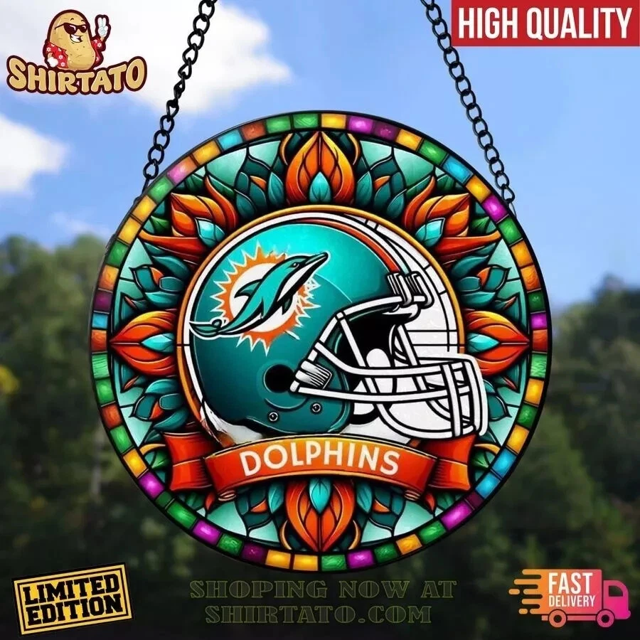 Miami Football Team Dolphinss Suncatcher Stained Glass Window Hanging Gifts