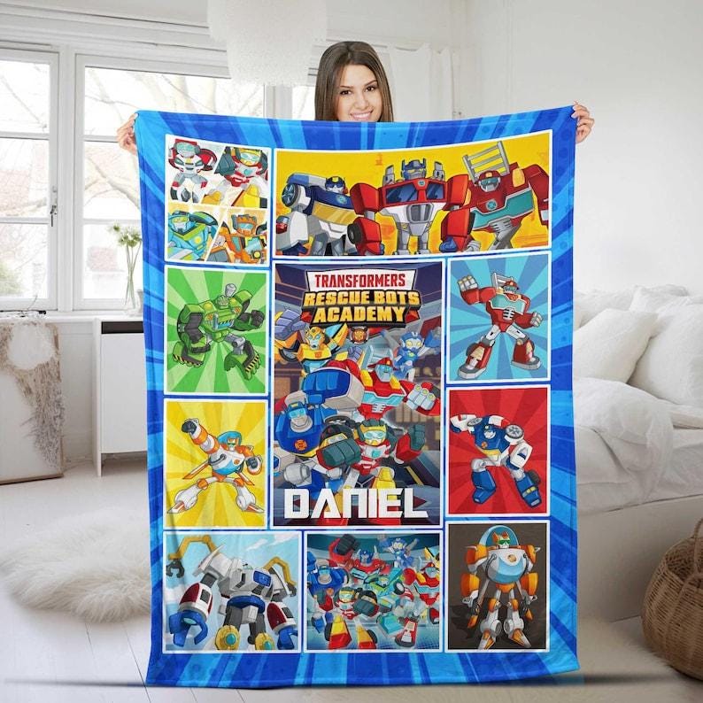 Personalized Rescue Bots Blanket, Transformers Characters Blanket, Custom Name Cartoon Blanket, Gift For Birthday Boy