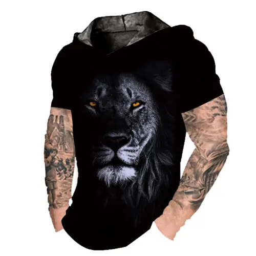 Men Hoodies Short Sleeve Lion Gaze Black Fashion Camiseta Ultra Soft LightWeight