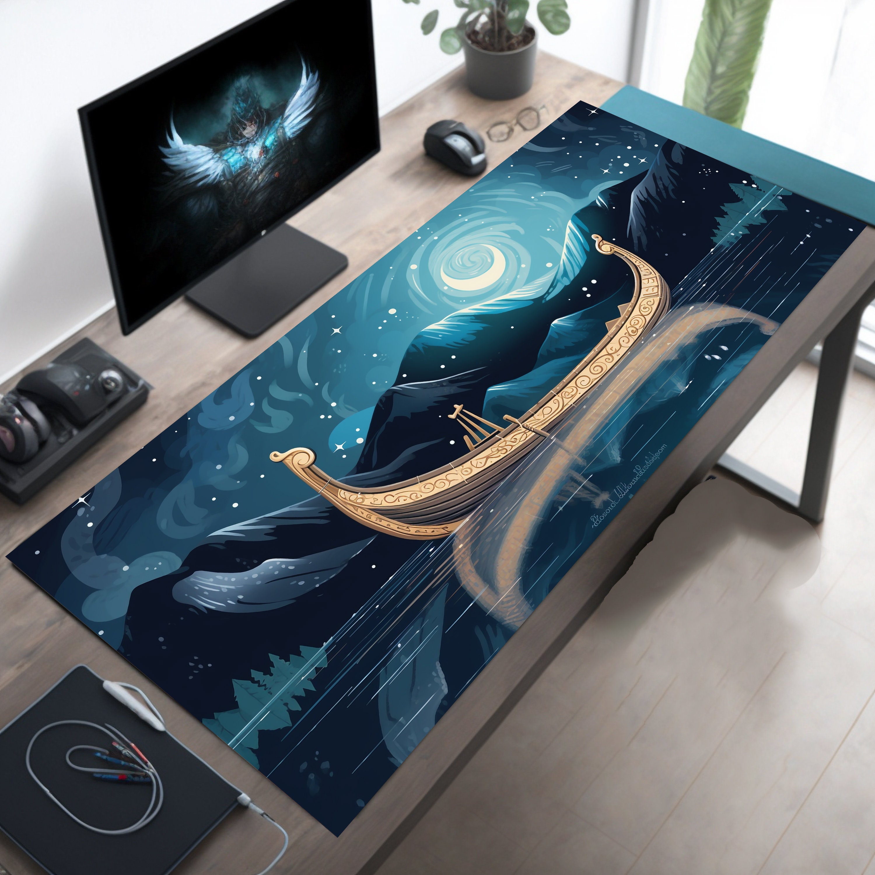 Cute Viking Longship Desk Mat with Anime Norse Fjord Night Scene and Crescent Moon