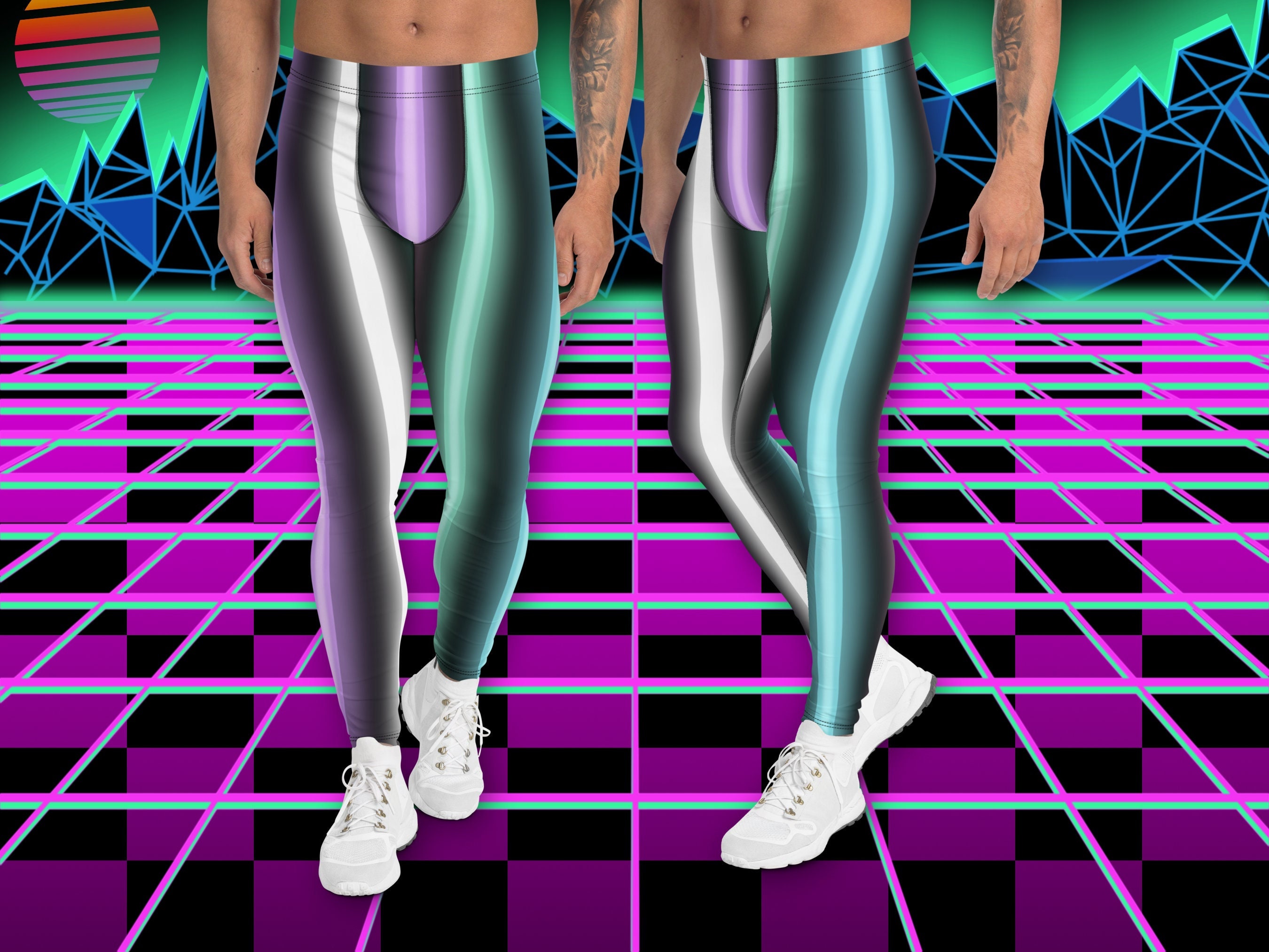 Patterned Mens Leggings, Colorful Neon Stripes Harajuku Meggings
