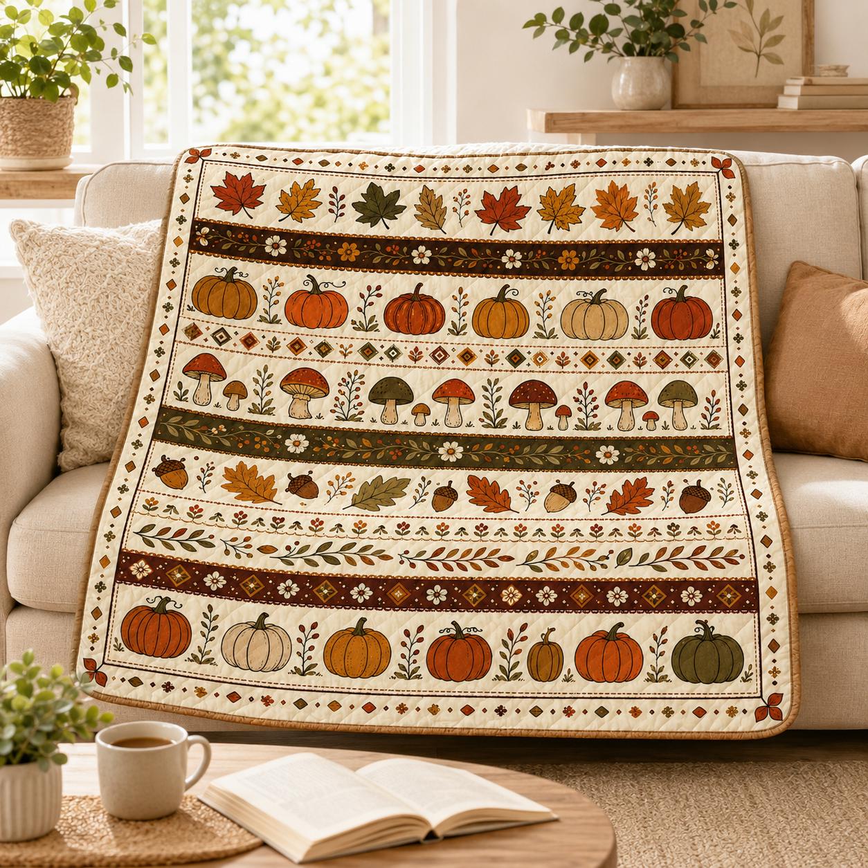 Autumn Quilt Blanket, Pumpkin Mushroom Fall Leaf Patchwork, Rustic Harvest Decor