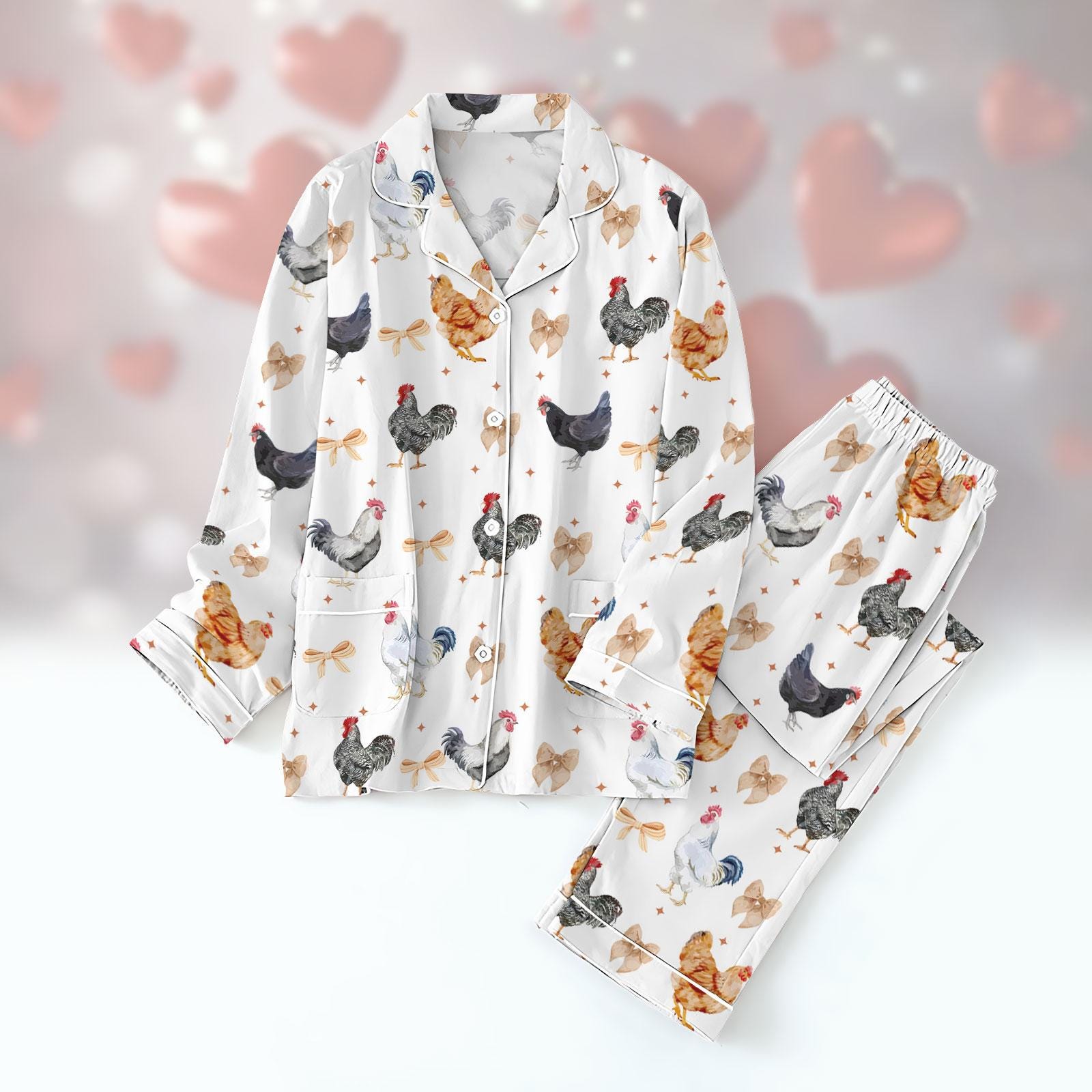 Valentine Chicken Pajamas, Coquette Bows Pajamas Set, Chicken Mama Pajamas Set
