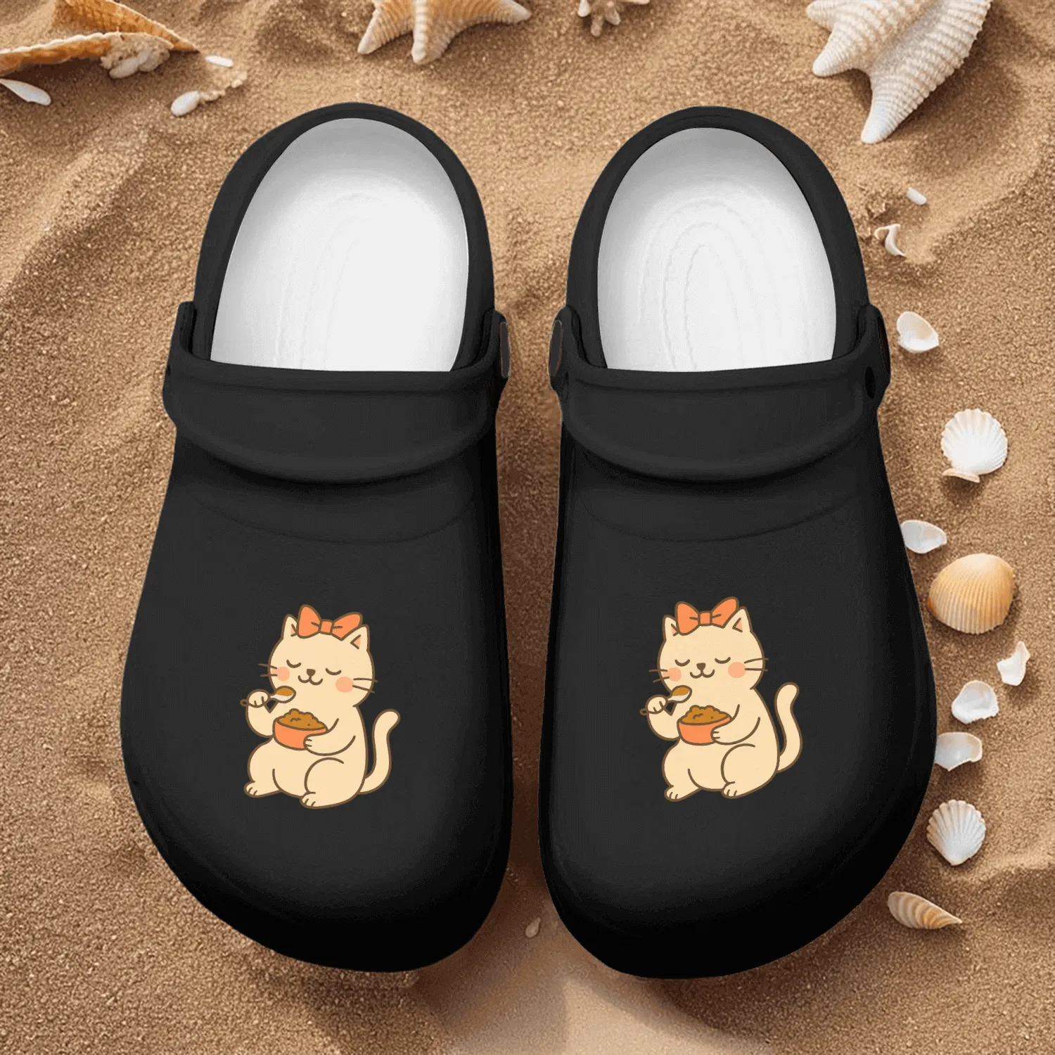 Cute Cat with Bow Eating SoupCute Kawaii Cat Eatin Nurse Clogs