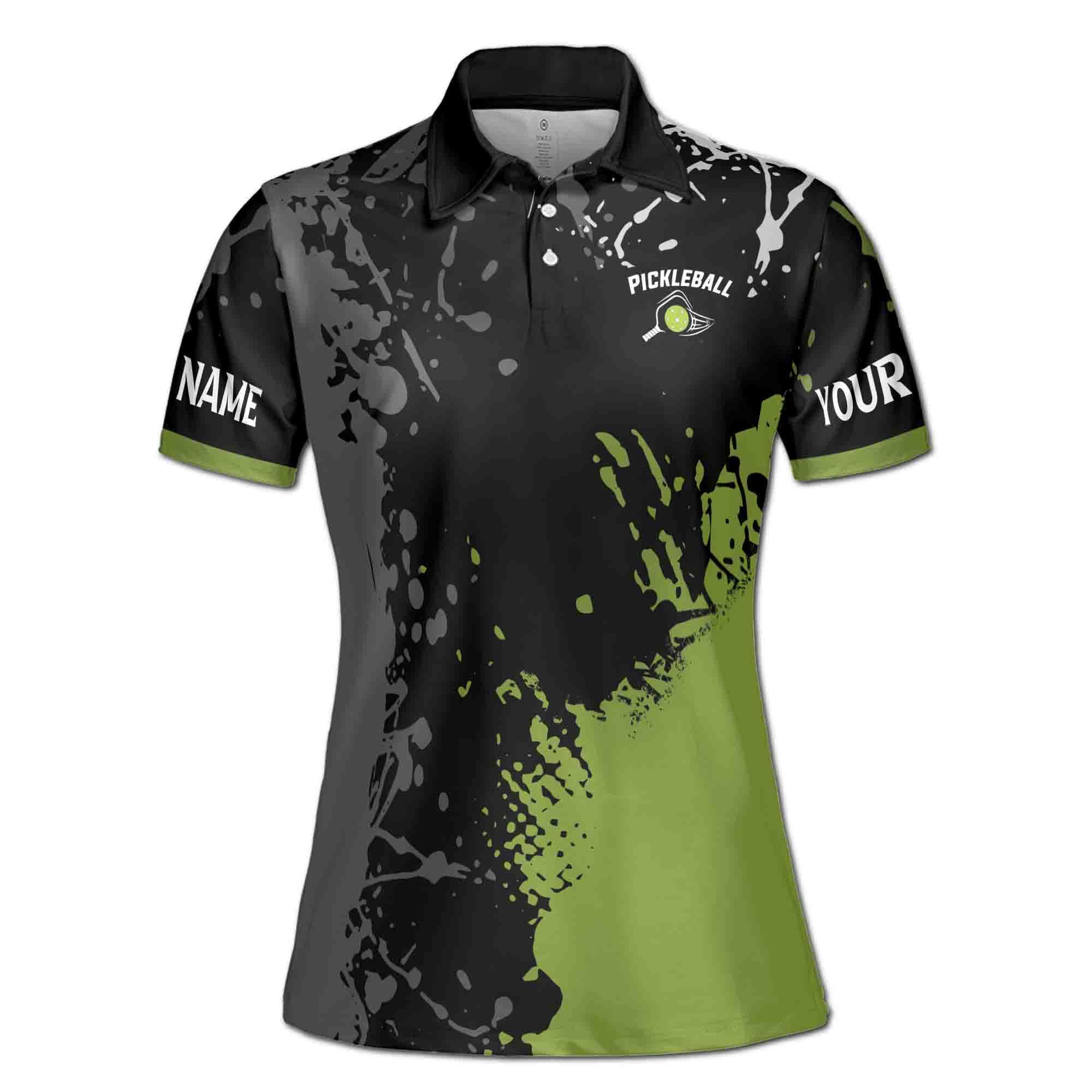 Personalized Name Team Lime Black Spatter Pickleball Women's Polo Shirt