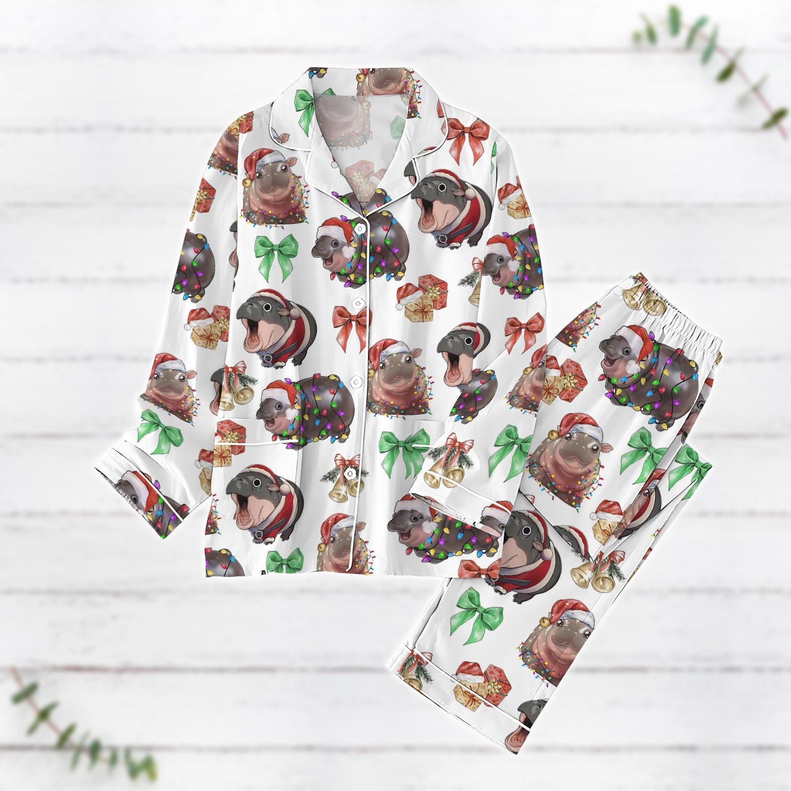 Cute Moo Deng Christmas Pajamas Set, Funny Hippo Santa Hat Xmas Pajamas, Hippo Lover Holiday Pajamas, Family Pajamas, Animal Owner Gift