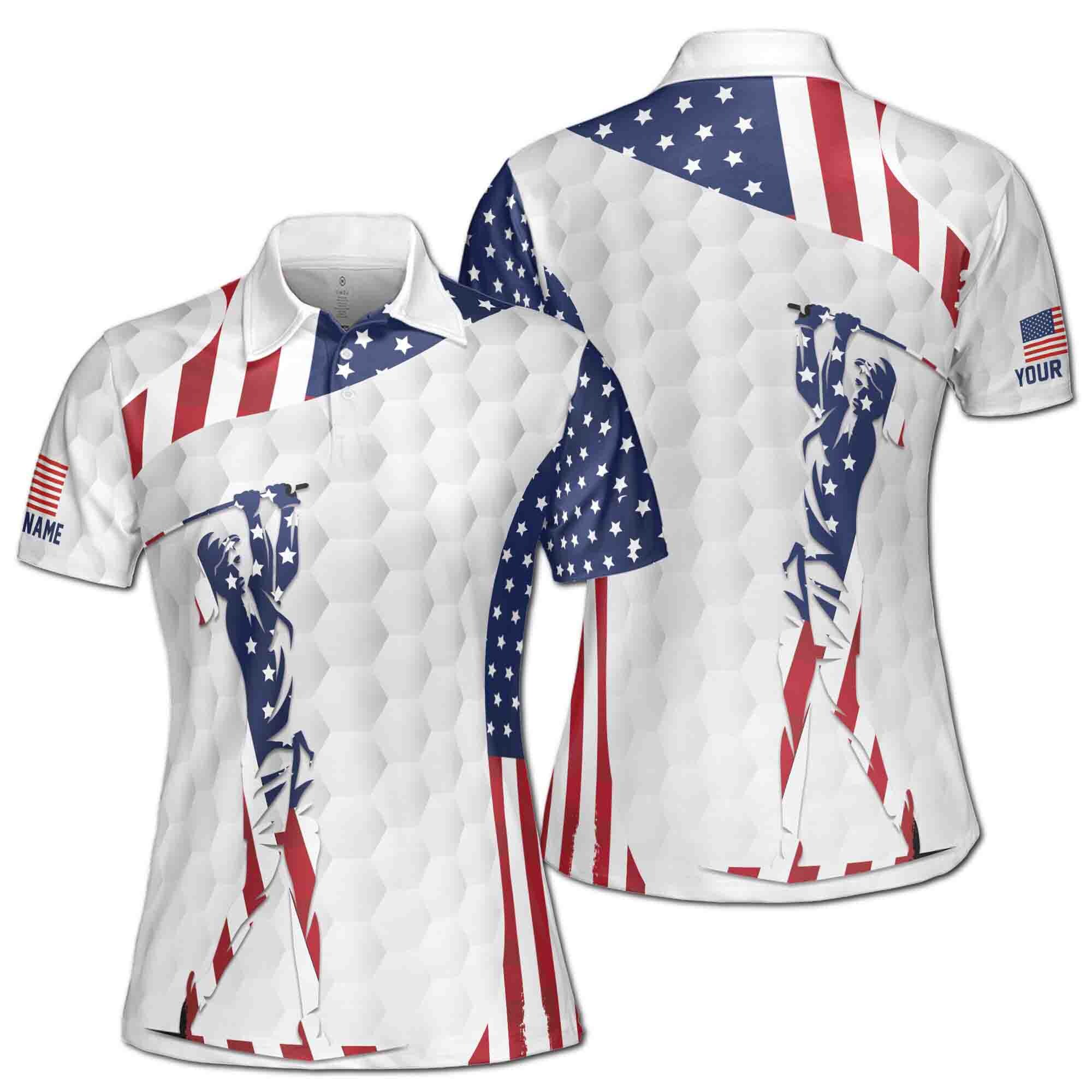 Custom Name American Lady Golfing USA Flag Women's Polo Shirt
