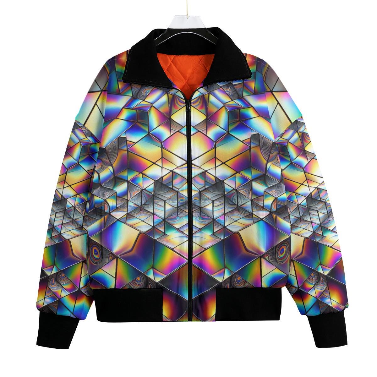Rainbow Infinity Bomber Jacket Fleece Quilted Coat Short Mens Statement Streetwear Festival Runway Cozy Warm Psychedelic Trippy Disco Rave
