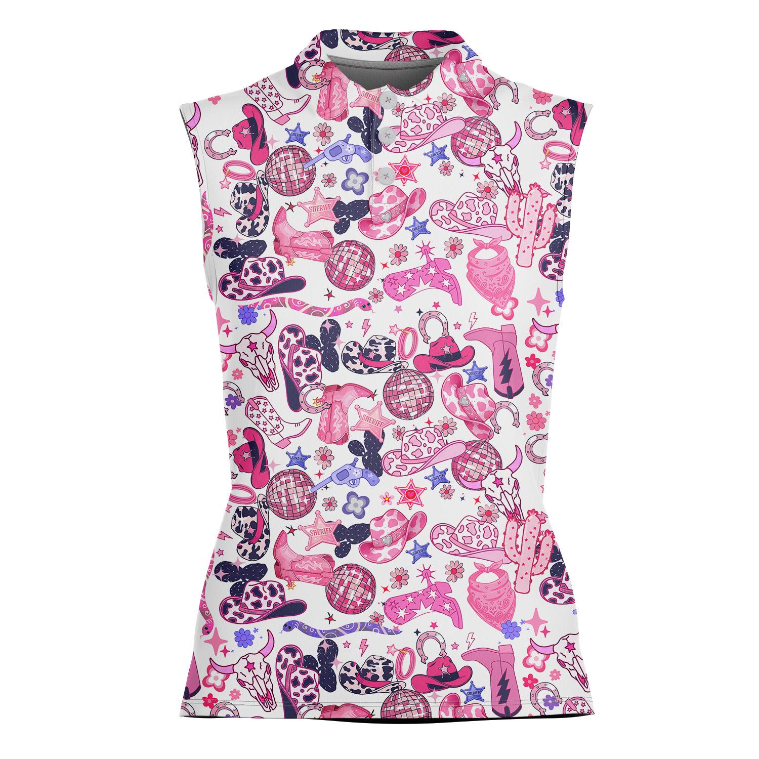 Women’s Sleeveless Polo Shirt, Retro Cowgirl Print, Country Style Short Sleeve Polo, Golf Lover Gift