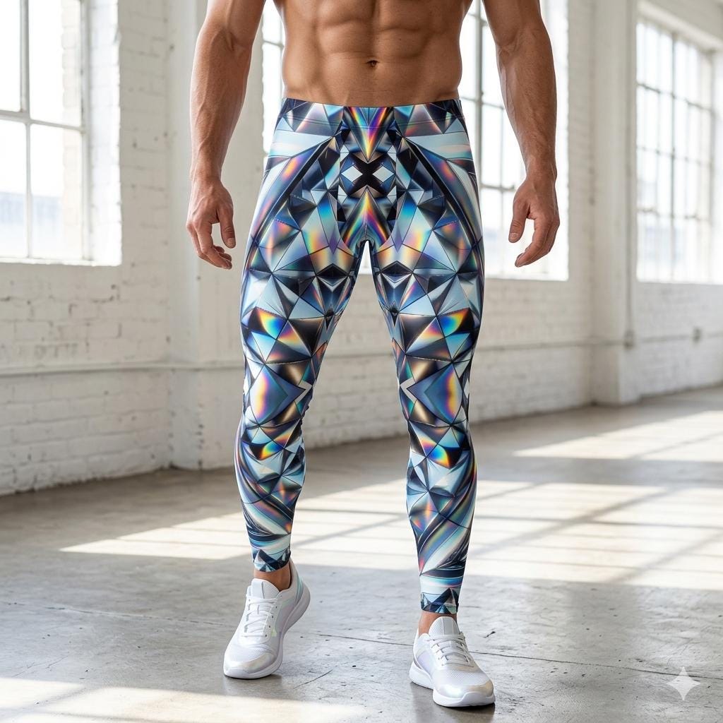 Futuristic Crystal Psychedelic Mens Leggings, Trippy Rave Festival Pants, Workout Cycling Athletic Fitness Running Exercise, Wrestling Pants