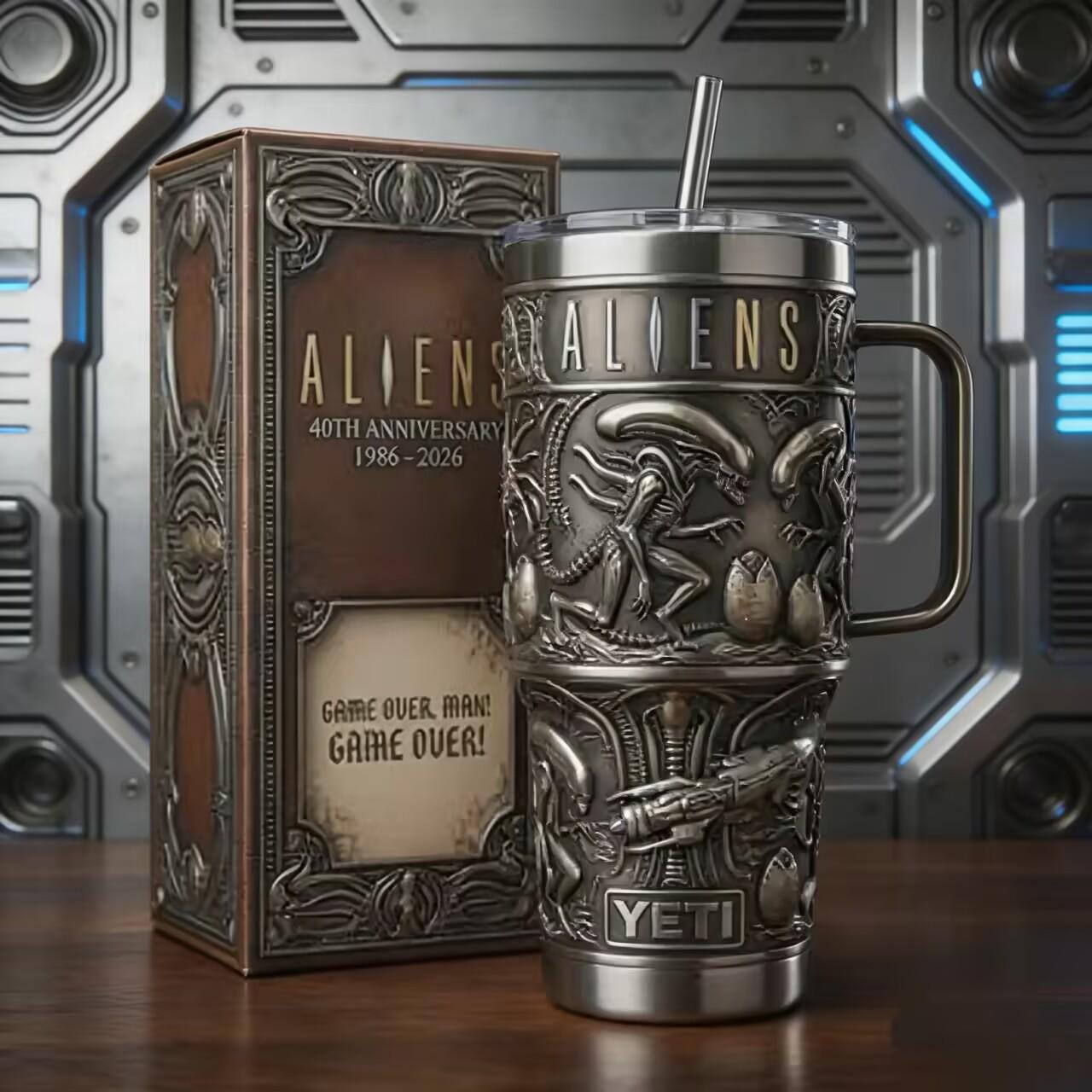 Aliens 40th Anniversary Tumbler with Handle Gothic Xenomorph Stainless Steel Mug, the perfect sci-fi gift for Alien movie fans
