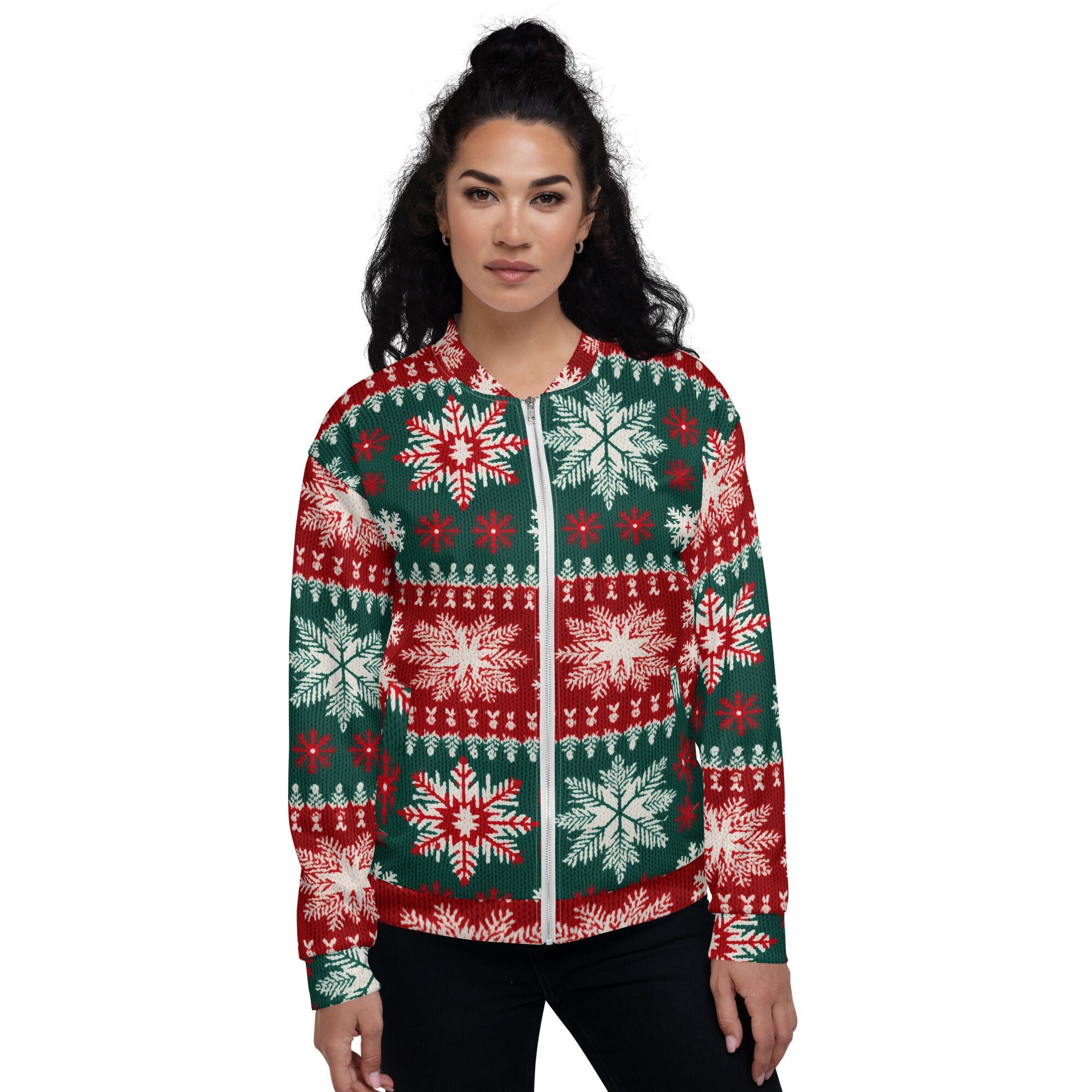 Christmas Bomber Jacket Unisex, Ugly Christmas Sweater Jacket, Funny Christmas Party Attire, Holiday Festive Wear
