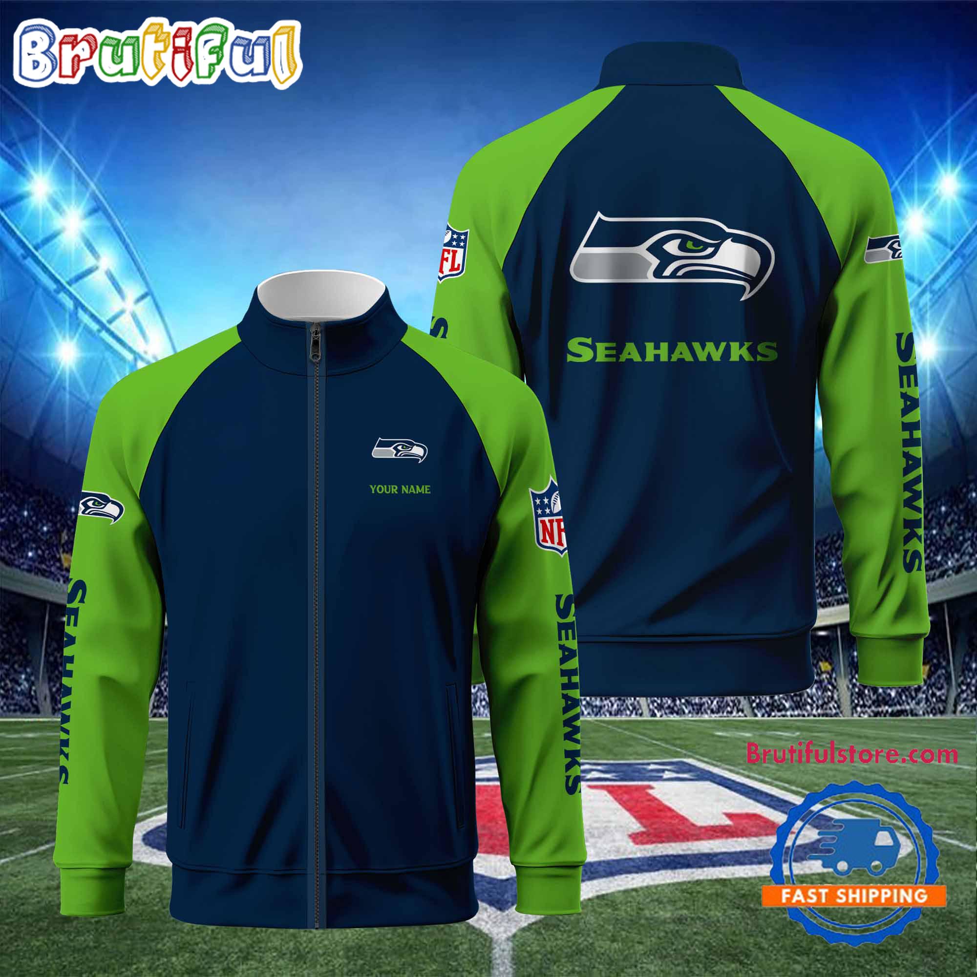 Seattle Seahawks Football Team Custom Name Standing Neck Zipper Jacket