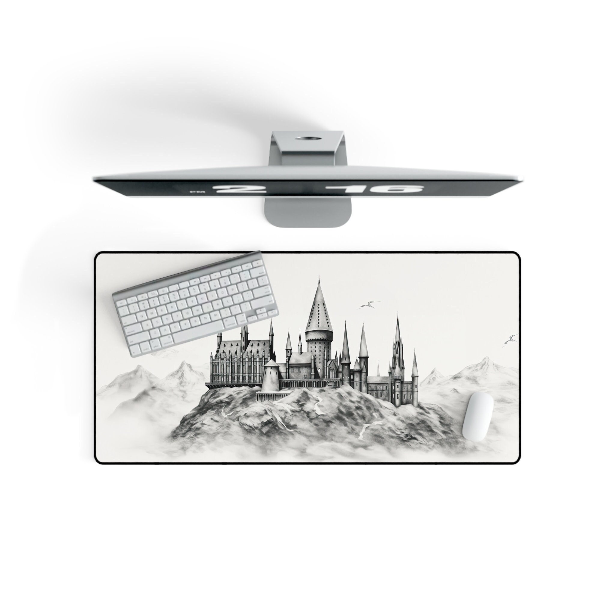 Wizard Fantasy Castle Desk Mat , Aesthetic Cute Fan Art Deskmat, Gamer Nerd Book Lover Office