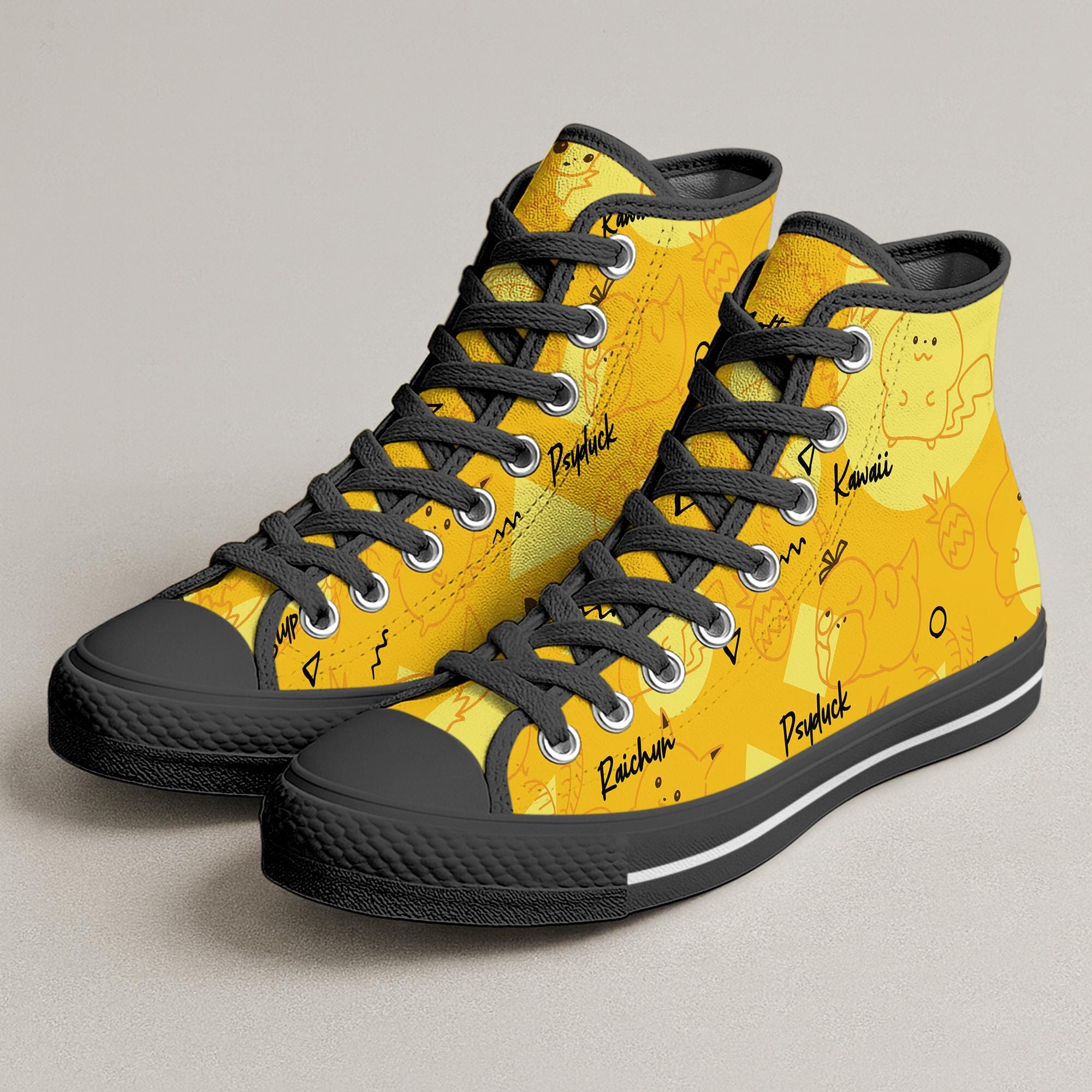 Pika High Top Shoes, Kawaii Doodle Sneakers, Cute Printed Shoes, Pika Shoes Gifts