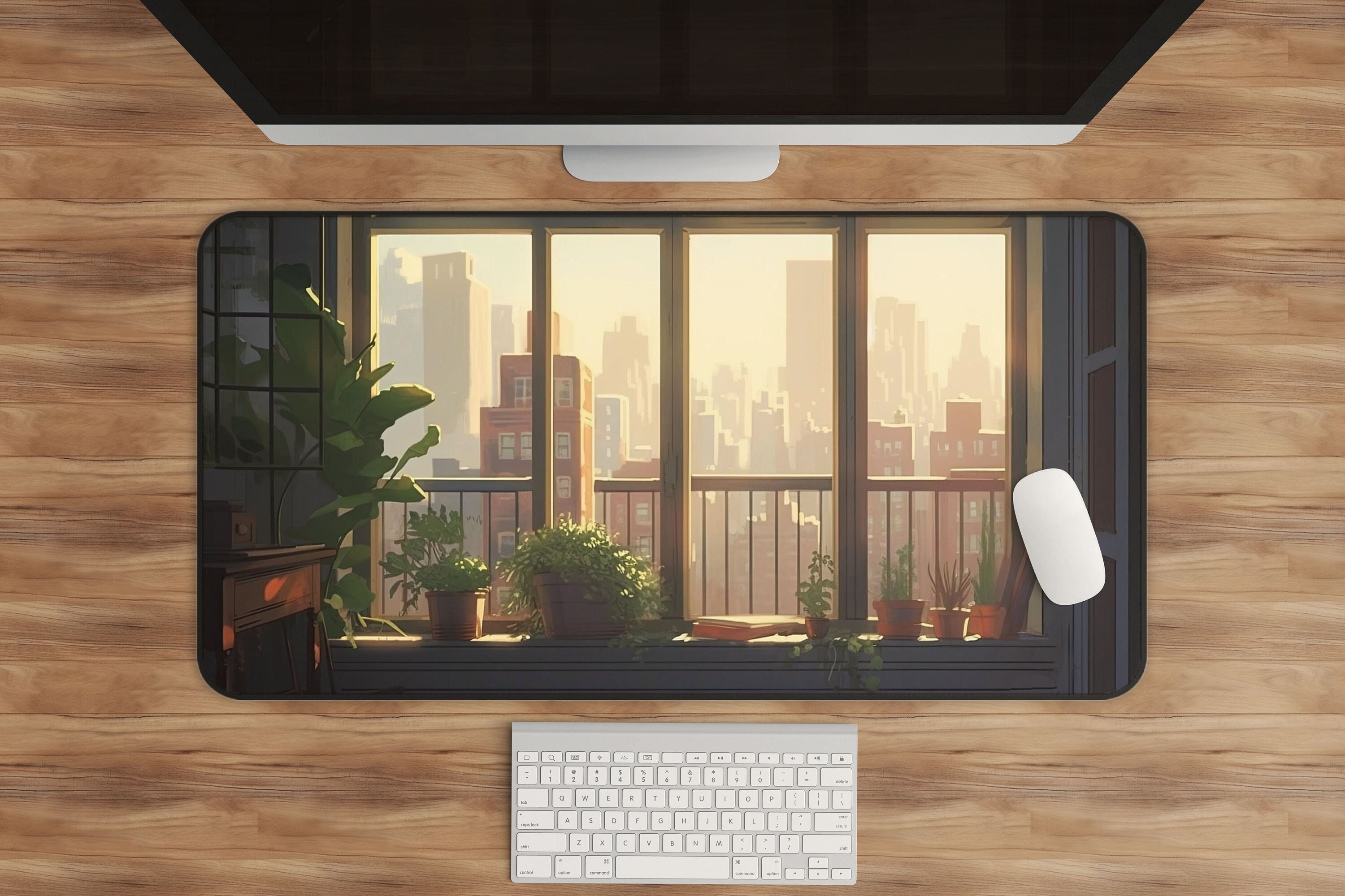 City View Anime Desk Mat - Manhattan Balcony & Plant Lover XL Mousepad