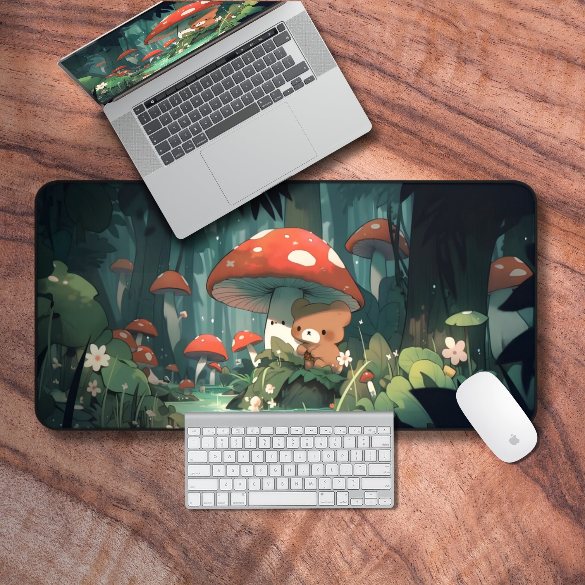 Cozy Gamer Lofi Desk Mat, Mushroom Forest Gaming Mouse Pad