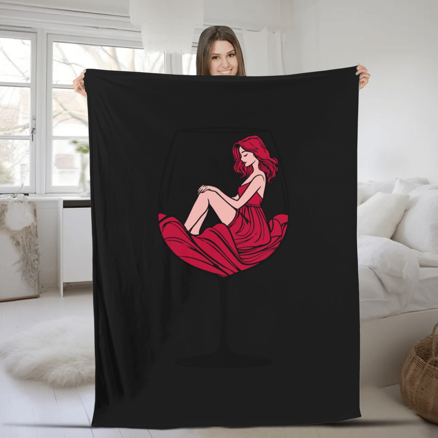 Lady in Red Wine Glass Fleece Blankets