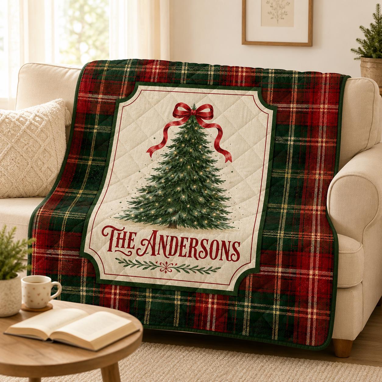 Personalized Christmas Quilt Blanket, Custom Family Name Tartan Tree Holiday Keepsake