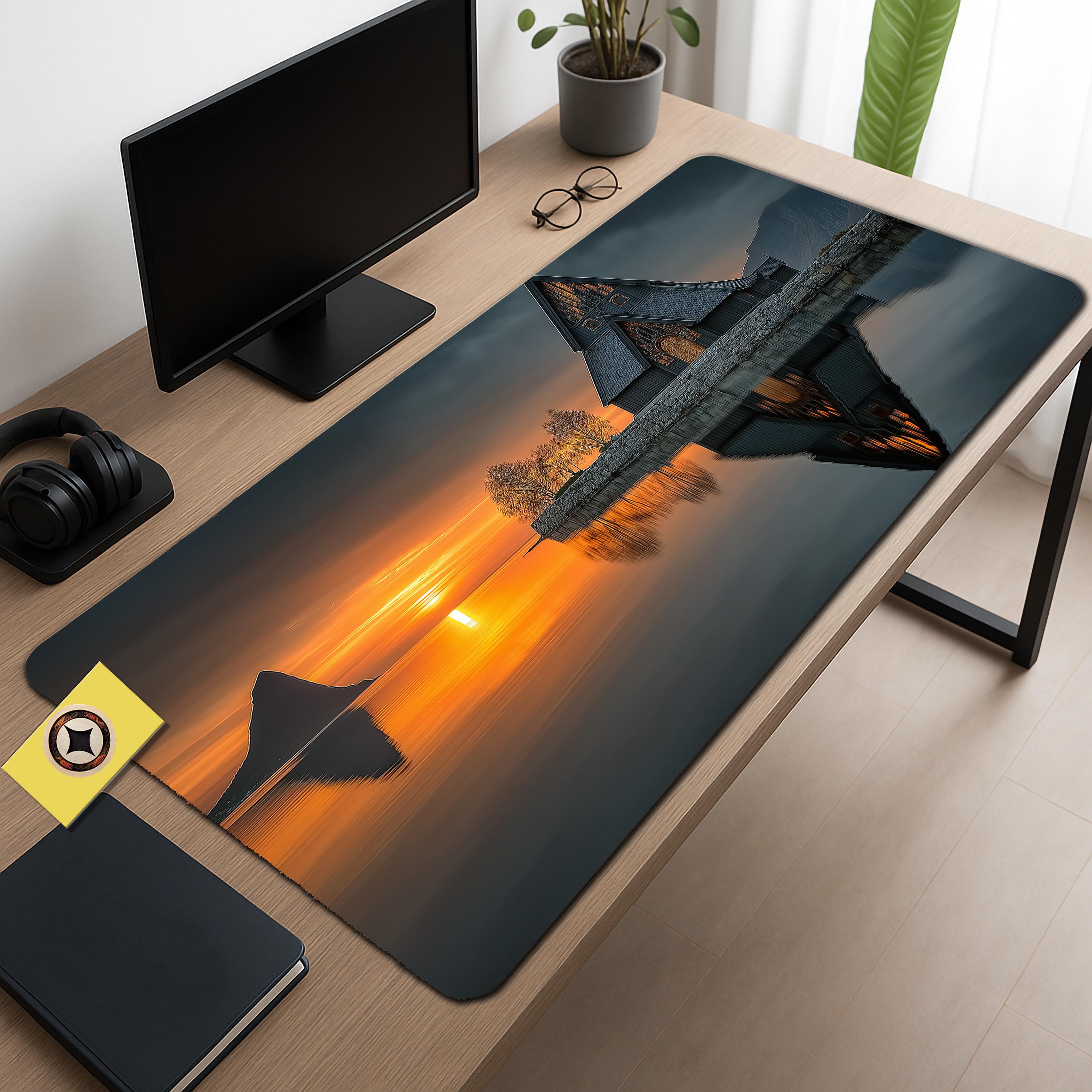 Viking Church Sunset Desk Mat, Nordic Landscape Mouse Pad