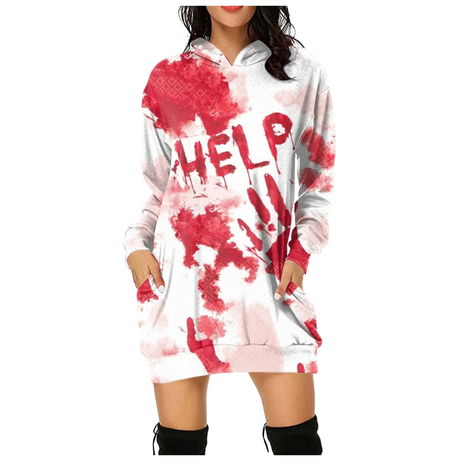 Women's Halloween Hoodie Dresses Horrible Bloody Print Long Sleeve Drawstring Pullover Top Dress Casual Loose Hoodie Dress