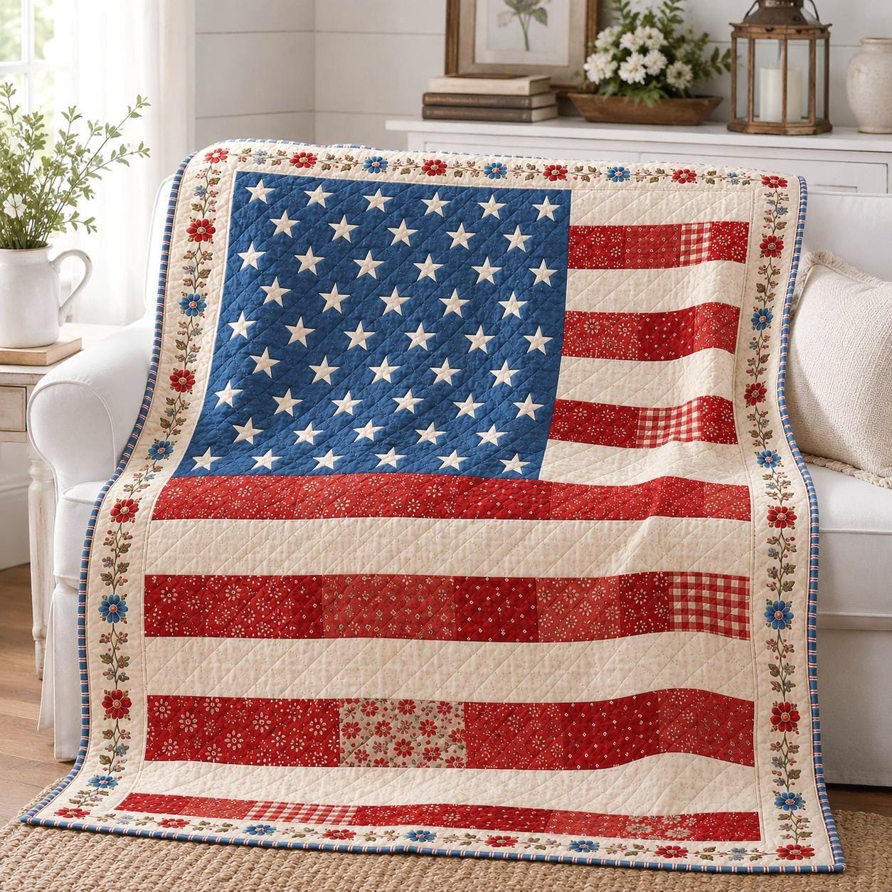 American Flag Quilt Blanket, Vintage Patriotic Floral Throw, Farmhouse Bedding, USA Patchwork Blanket