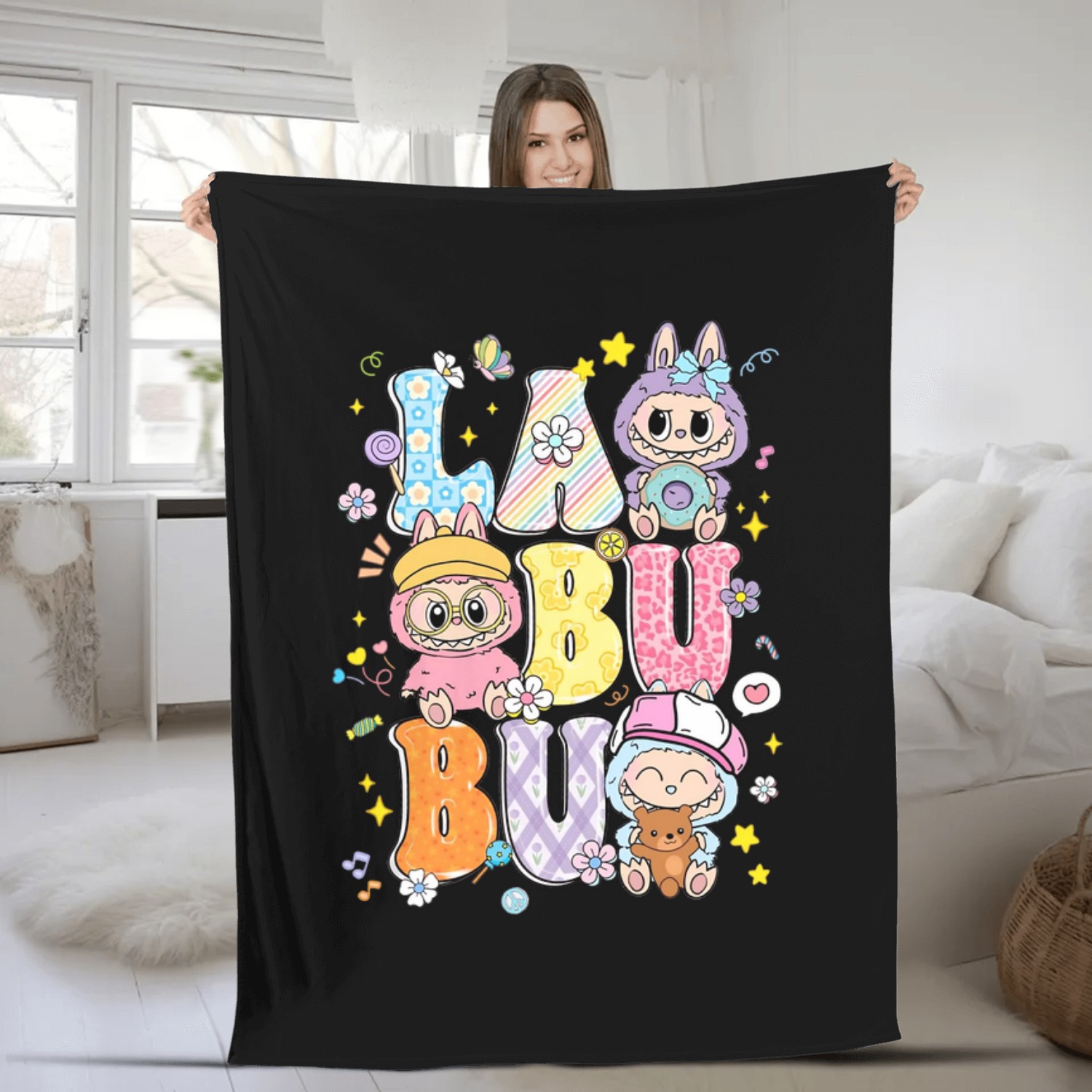 Labubu Monsters Inspired Colorful Kids Fleece Blankets, Labubu Youth Fleece Blankets, Trendy Girls Fleece Blankets, Trendy Doll Gift, Trendy Cartoon Character Youth Fleece Blankets