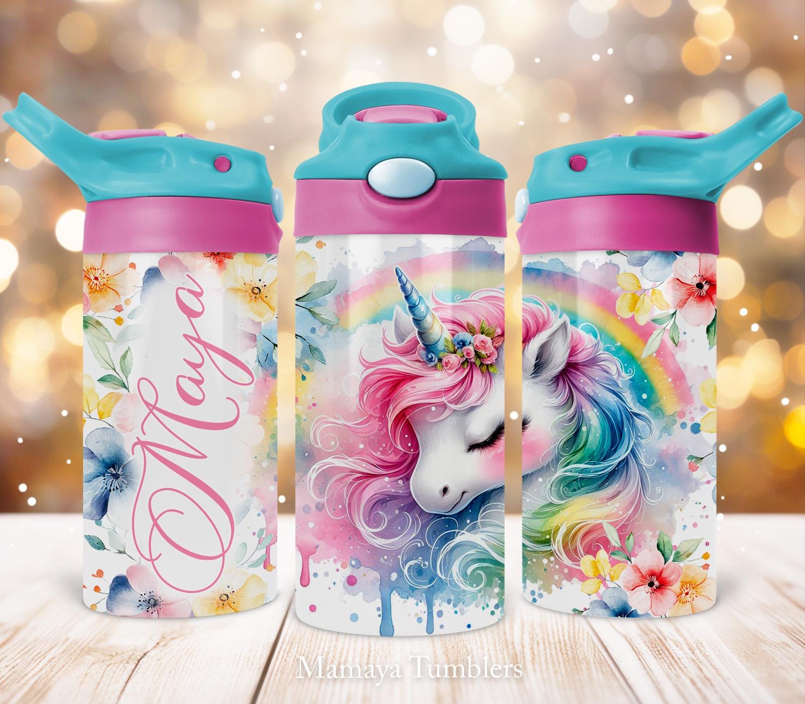 Unicorn 12oz Kids Flip Top Sippy Cup Tumbler Name Life is magical Rainbow Kids Tumbler