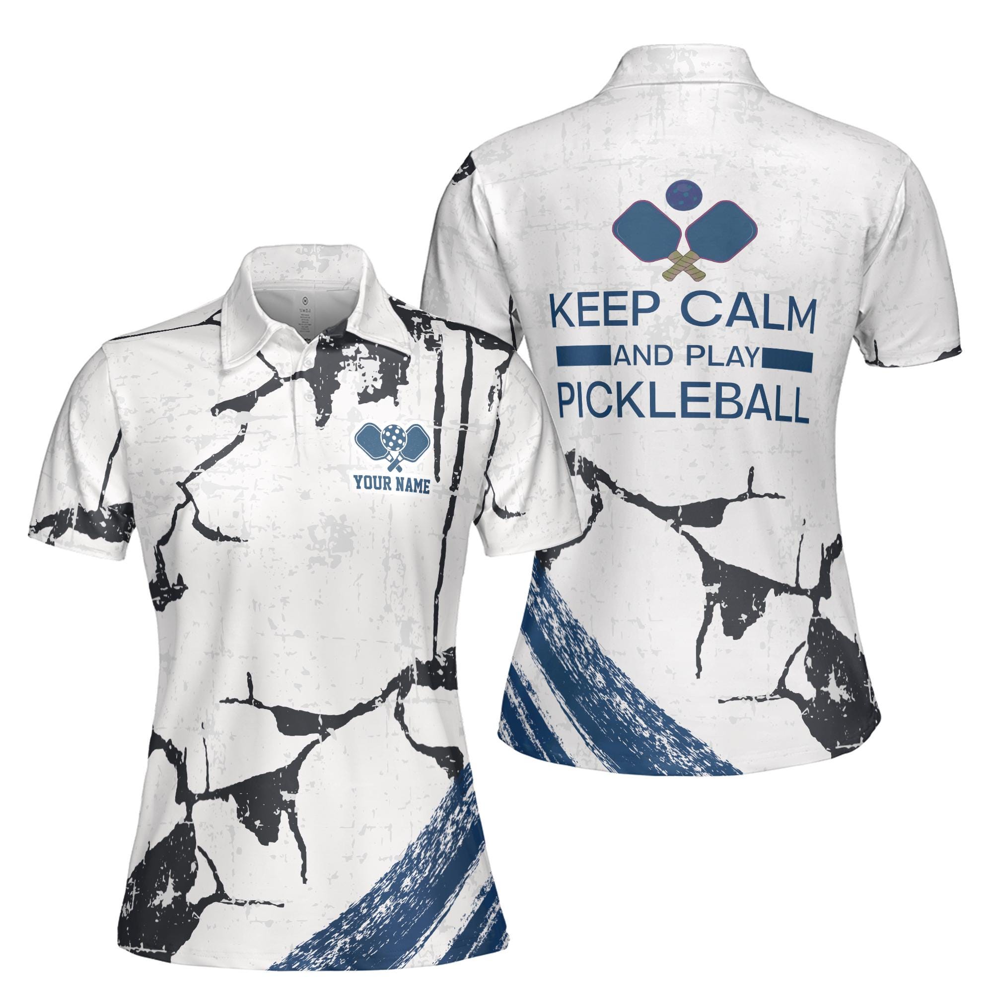 Custom Name Keep Calm And Play Pickleball Blue Women's Polo Shirt