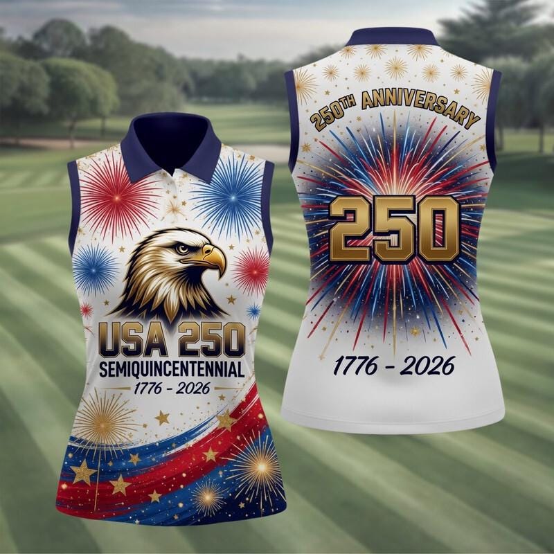 USA 250 Semiquincentennial Women's Sleeveless Polo Shirt, Patriotic Bald Eagle 4th July Golf Sleeveless Shirt, American Lady Golfer Gift 03