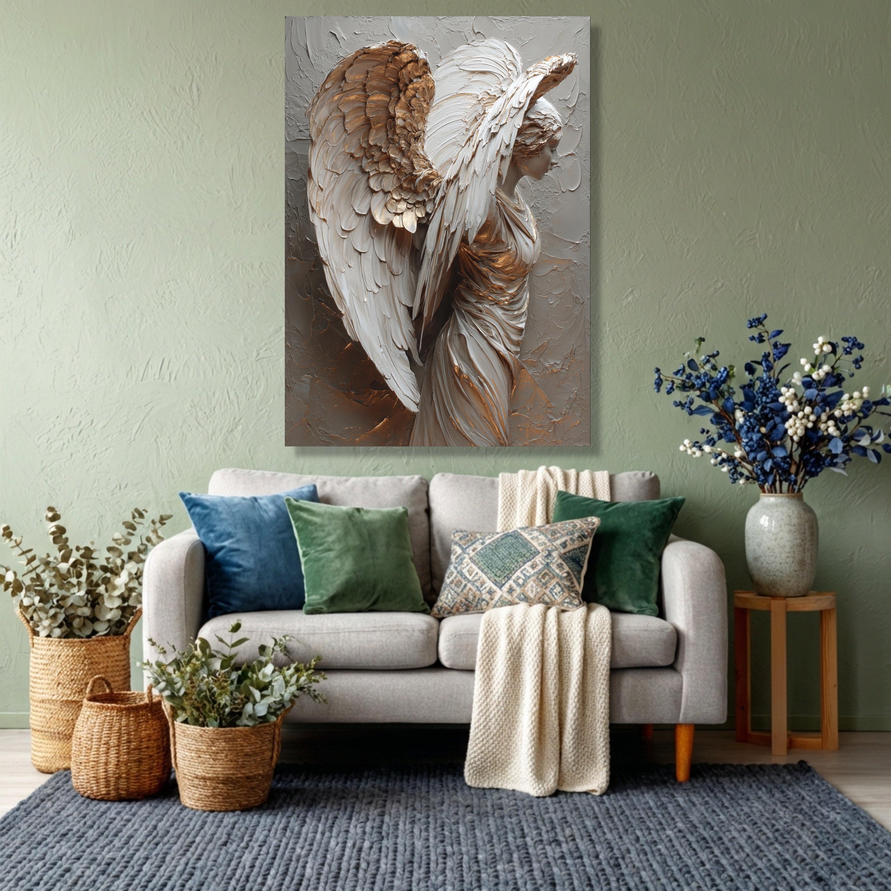 Majestic Angel Sculpture Canvas Wall Art White and Gold Wings Modern 3D Effect Spiritual Home Decor