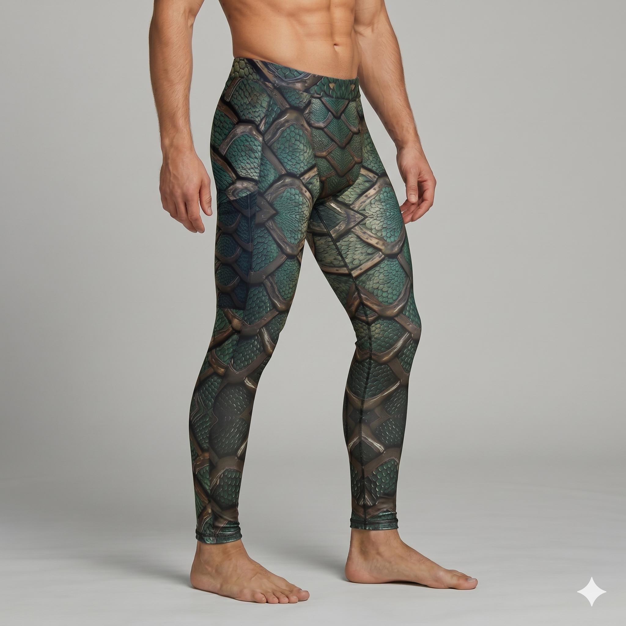 Green Snakeskin Mens Yoga Compresson Leggings Meggings Athletic Training Running Martial Arts Wrestling Activewear Snake Skin Pattern