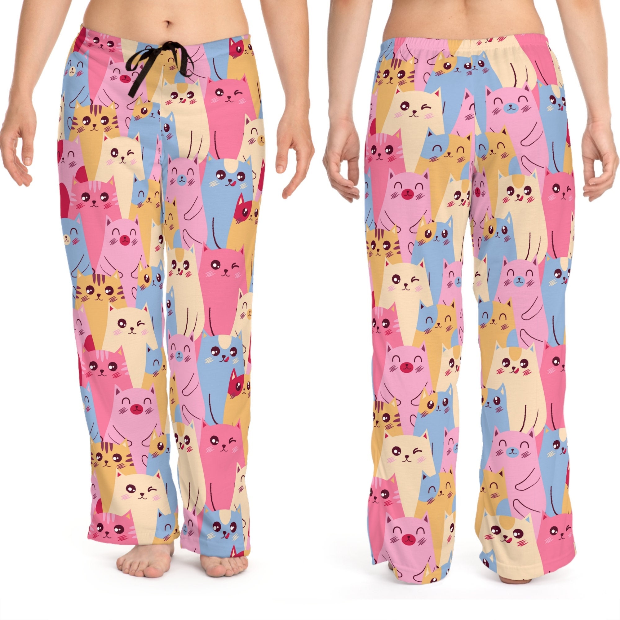 Women's Pajama Pants Pink Pastel Cat Cartoon Lounge Pants