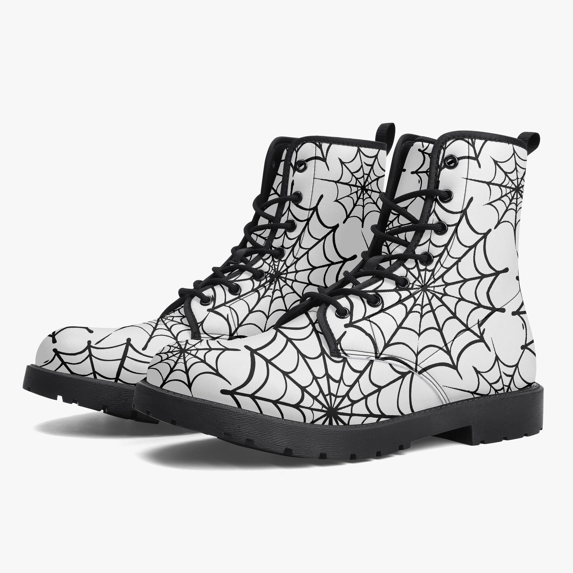 Web Weaver Gothic Combat Boots – Black Spiderweb Vegan Leather
